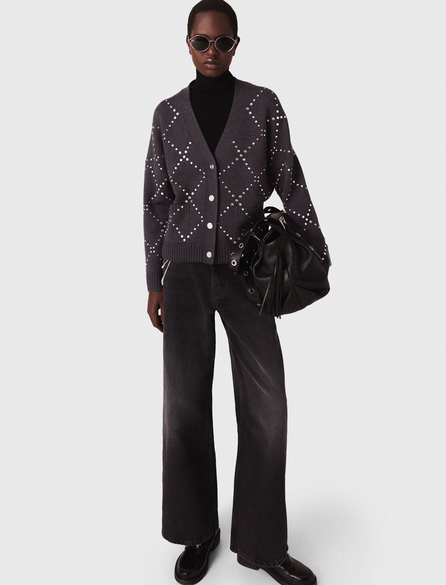 Rhinestone check cardigan - Grey