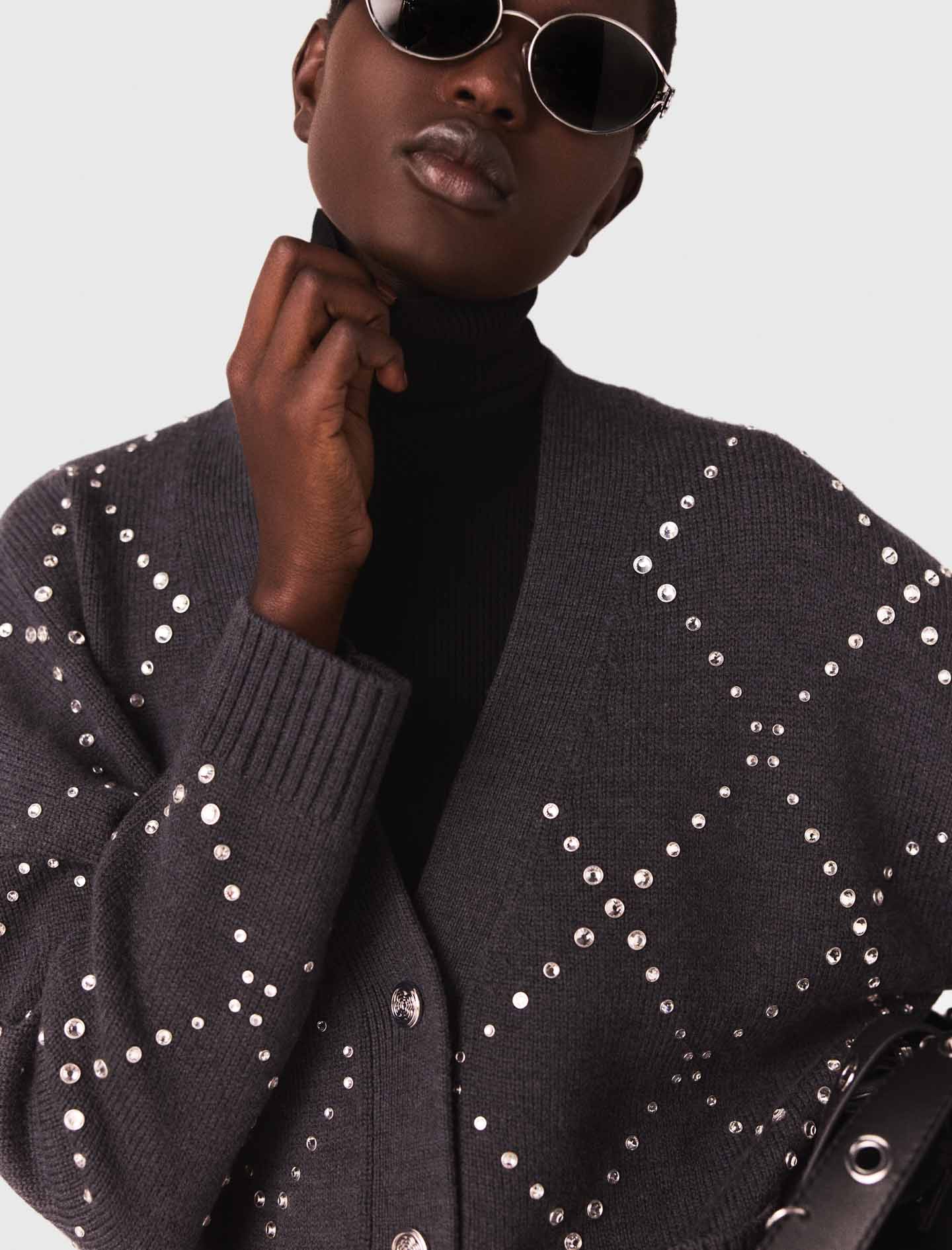 Rhinestone check cardigan - Grey