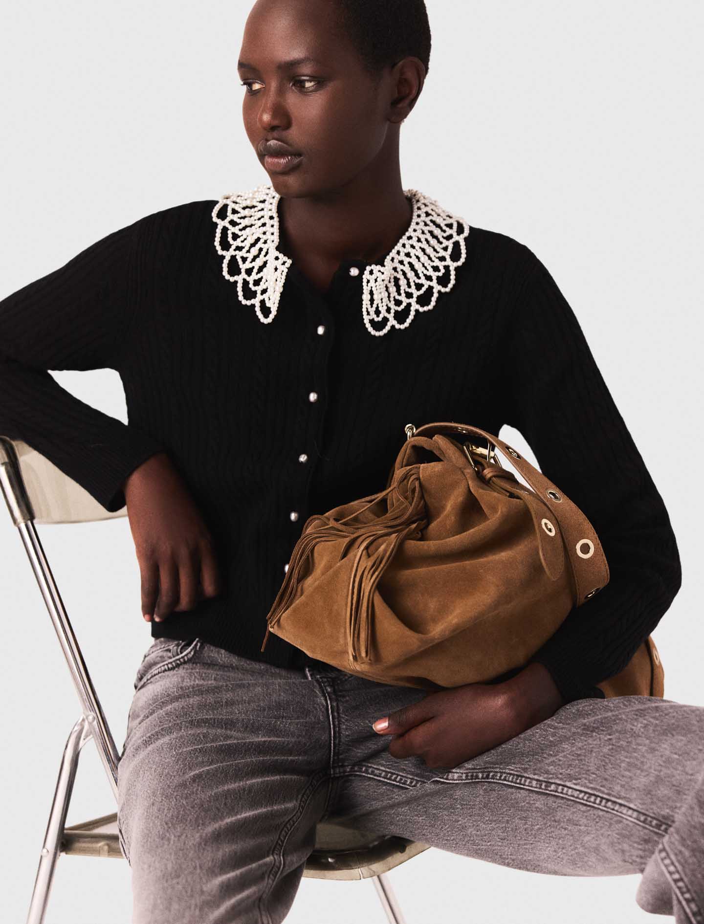 Cardigan with removable beaded collar - Black