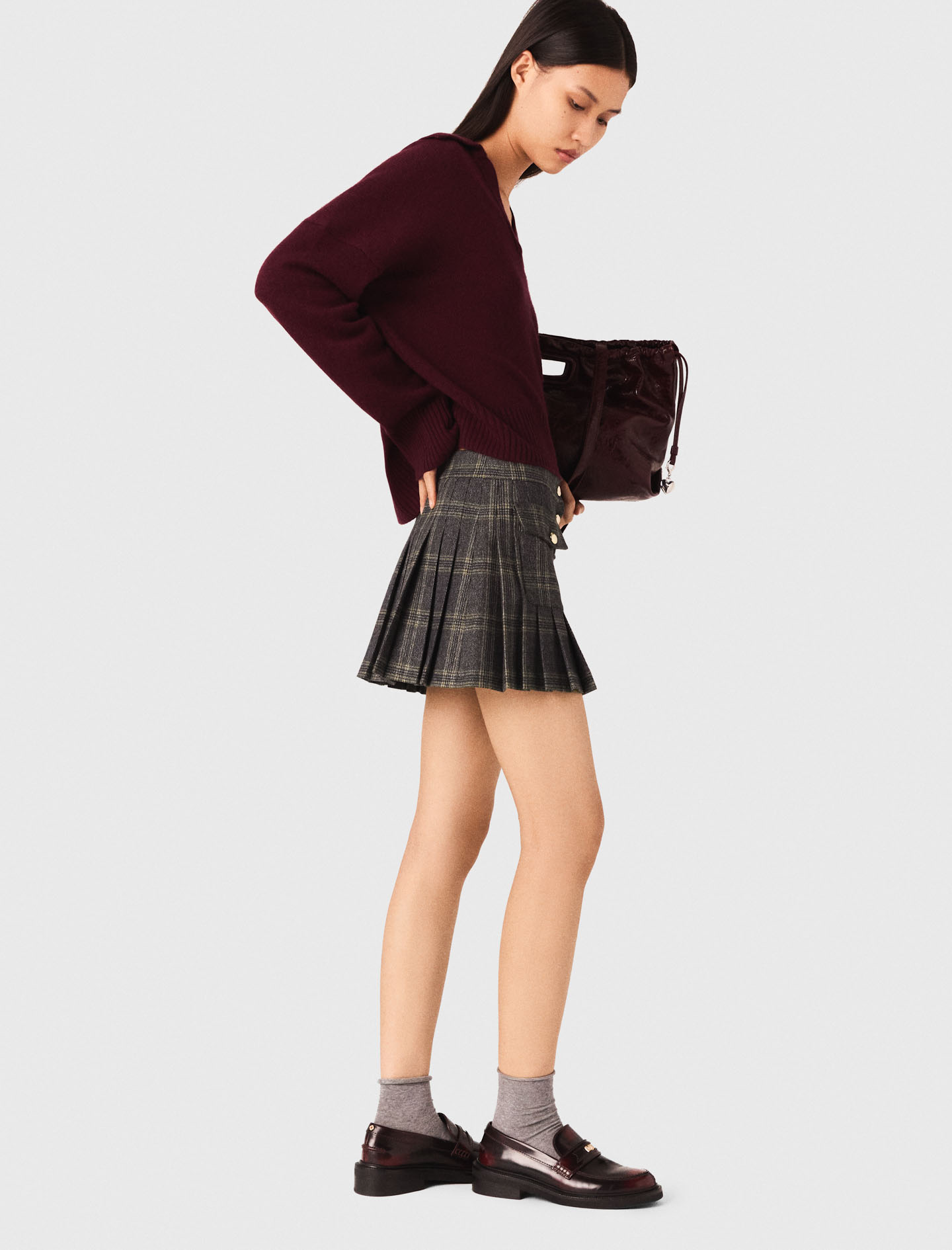 Short pleated checked skirt - Grey