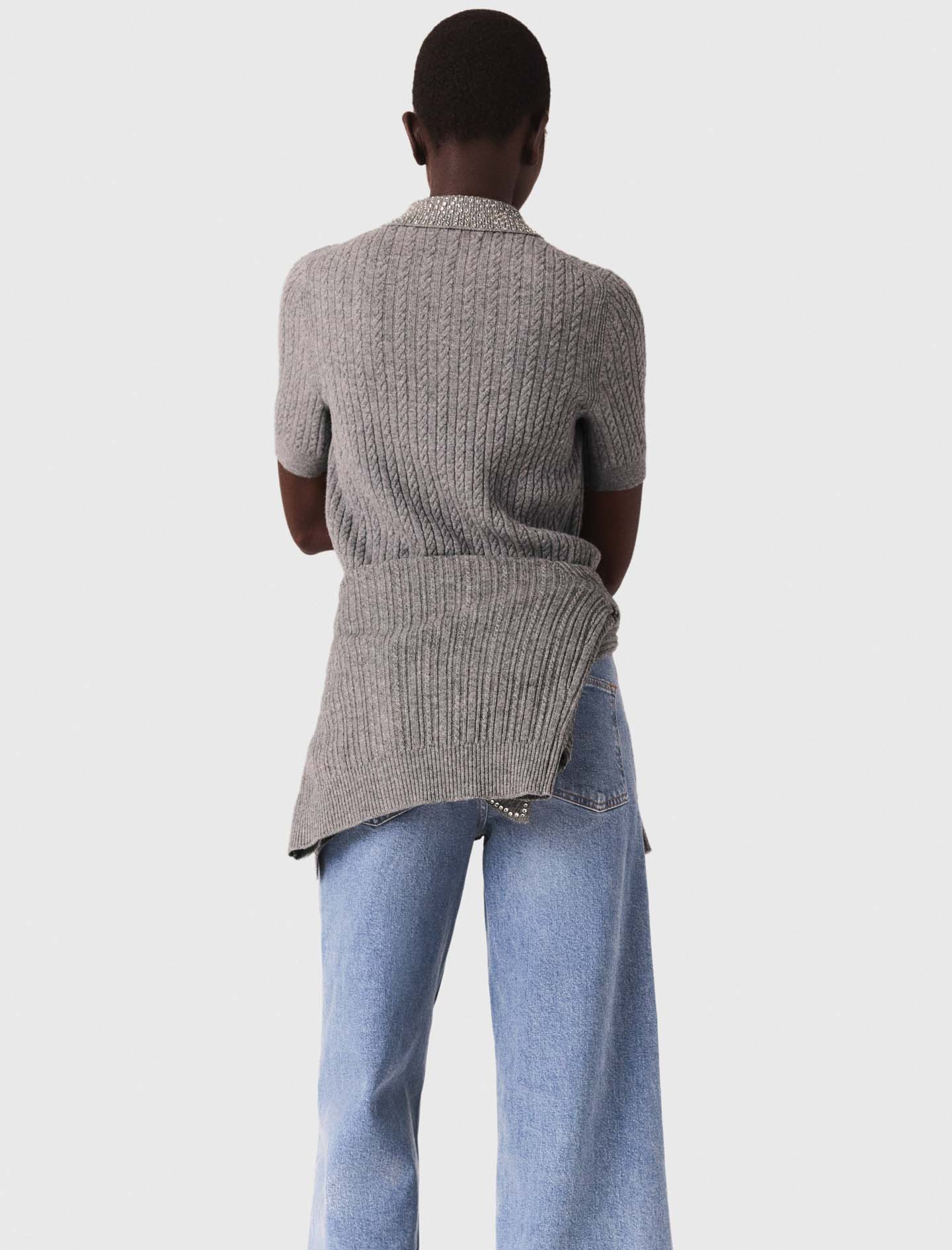 Wool polo shirt with rhinestone collar - Grey