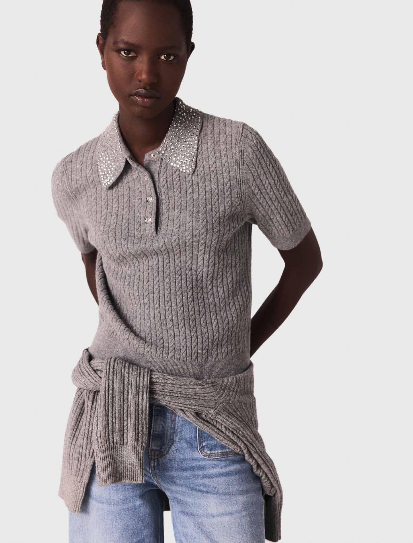 Wool polo shirt with rhinestone collar - Grey