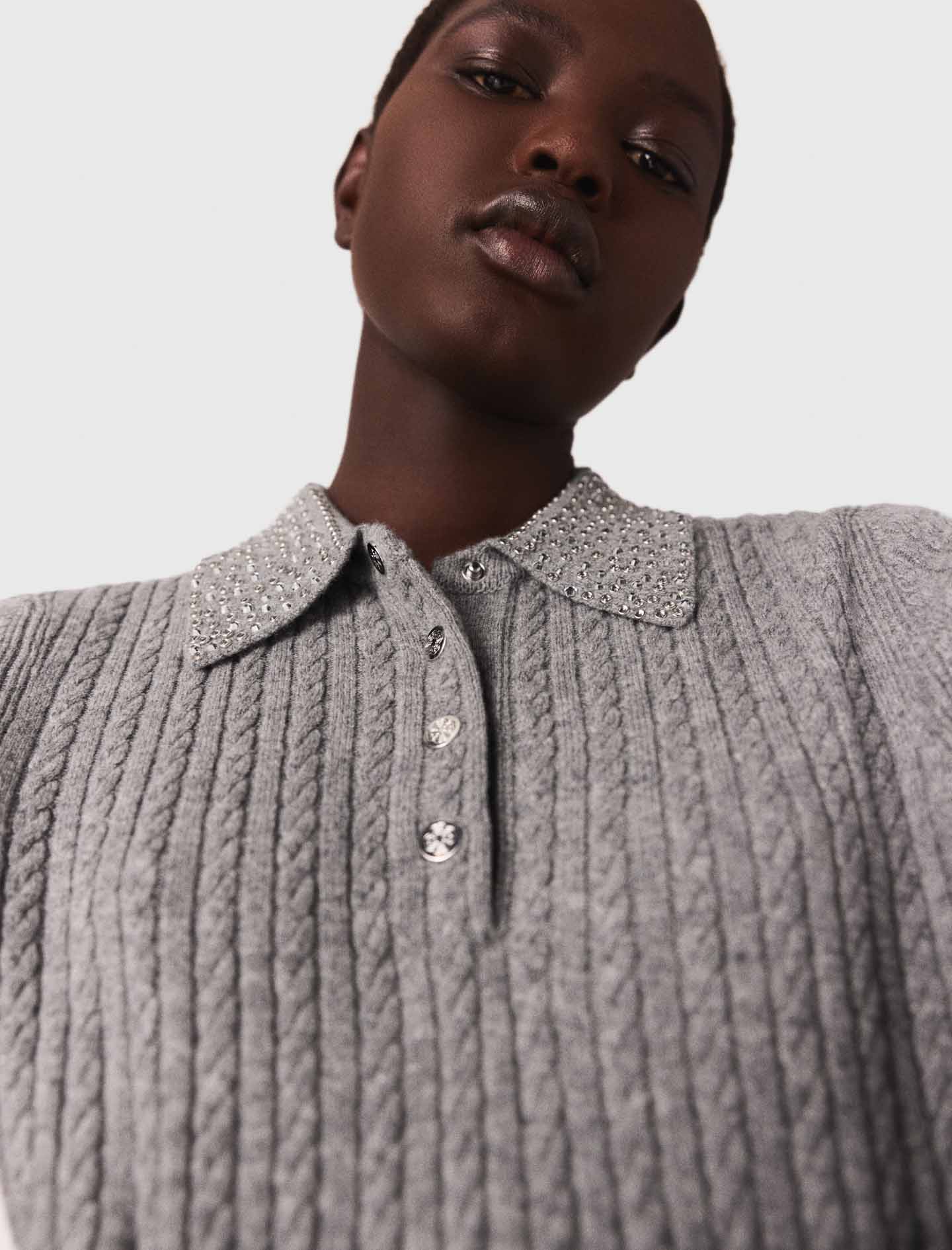 Wool polo shirt with rhinestone collar - Grey