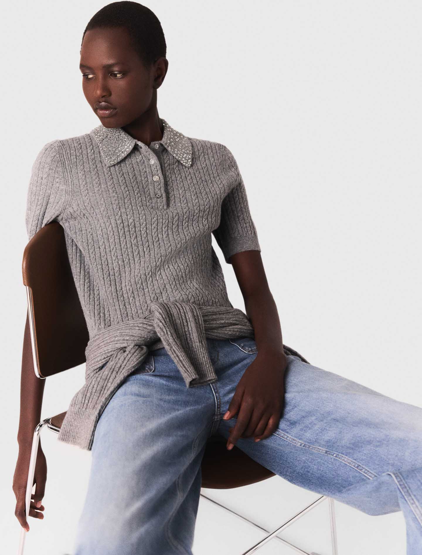Wool polo shirt with rhinestone collar - Grey