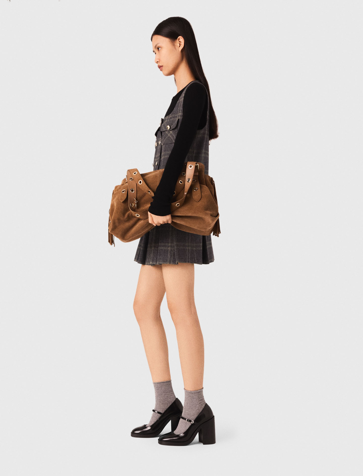 Short pleated checked dress - Grey