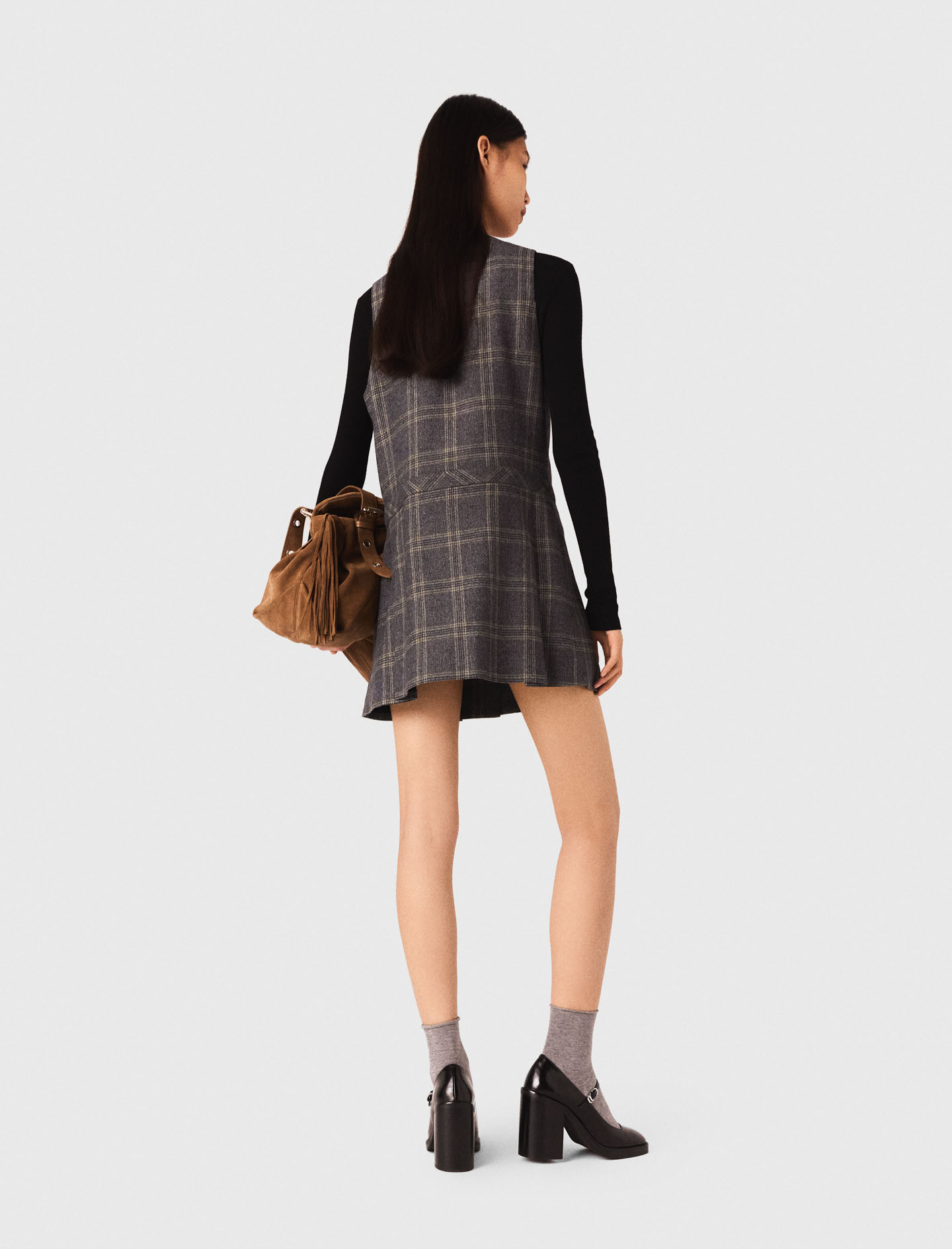 Short pleated checked dress - Grey