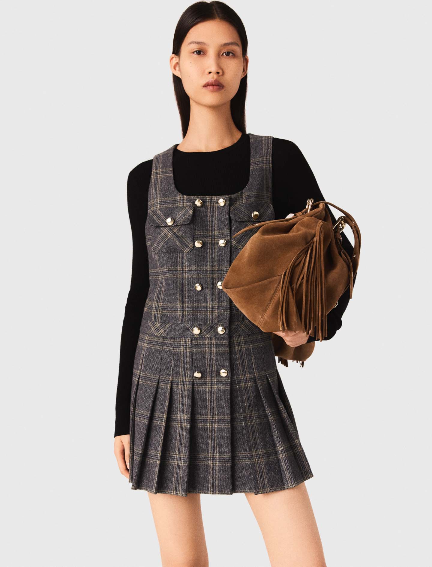 Short pleated checked dress - Grey