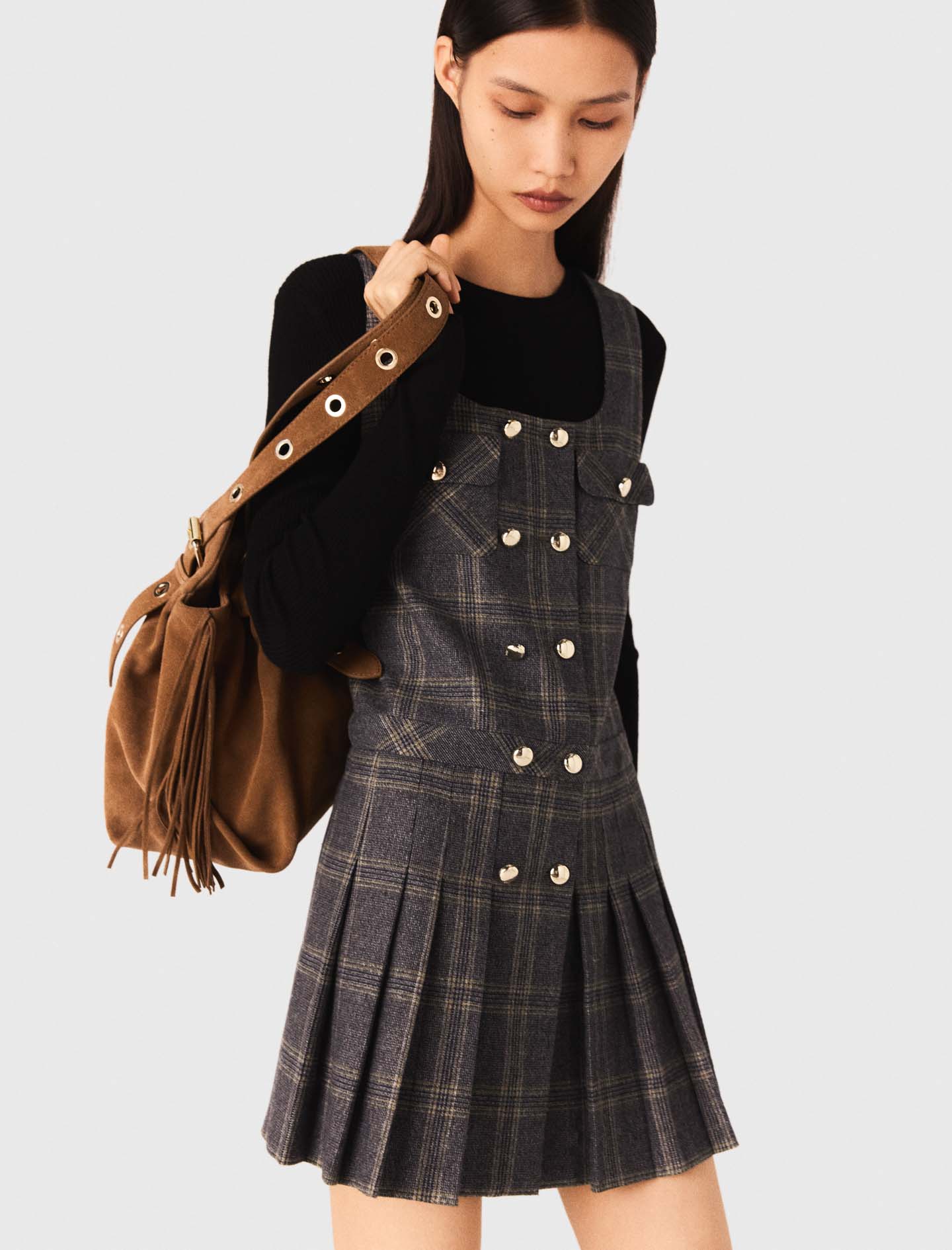 Short pleated checked dress - Grey