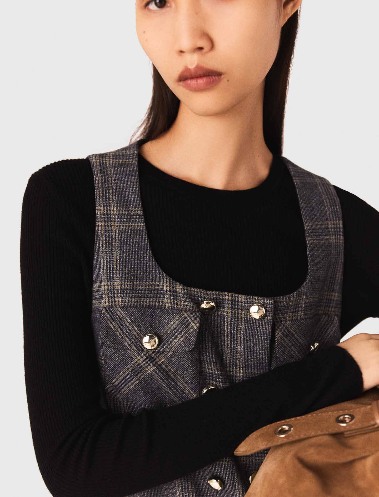 Short pleated checked dress - Grey