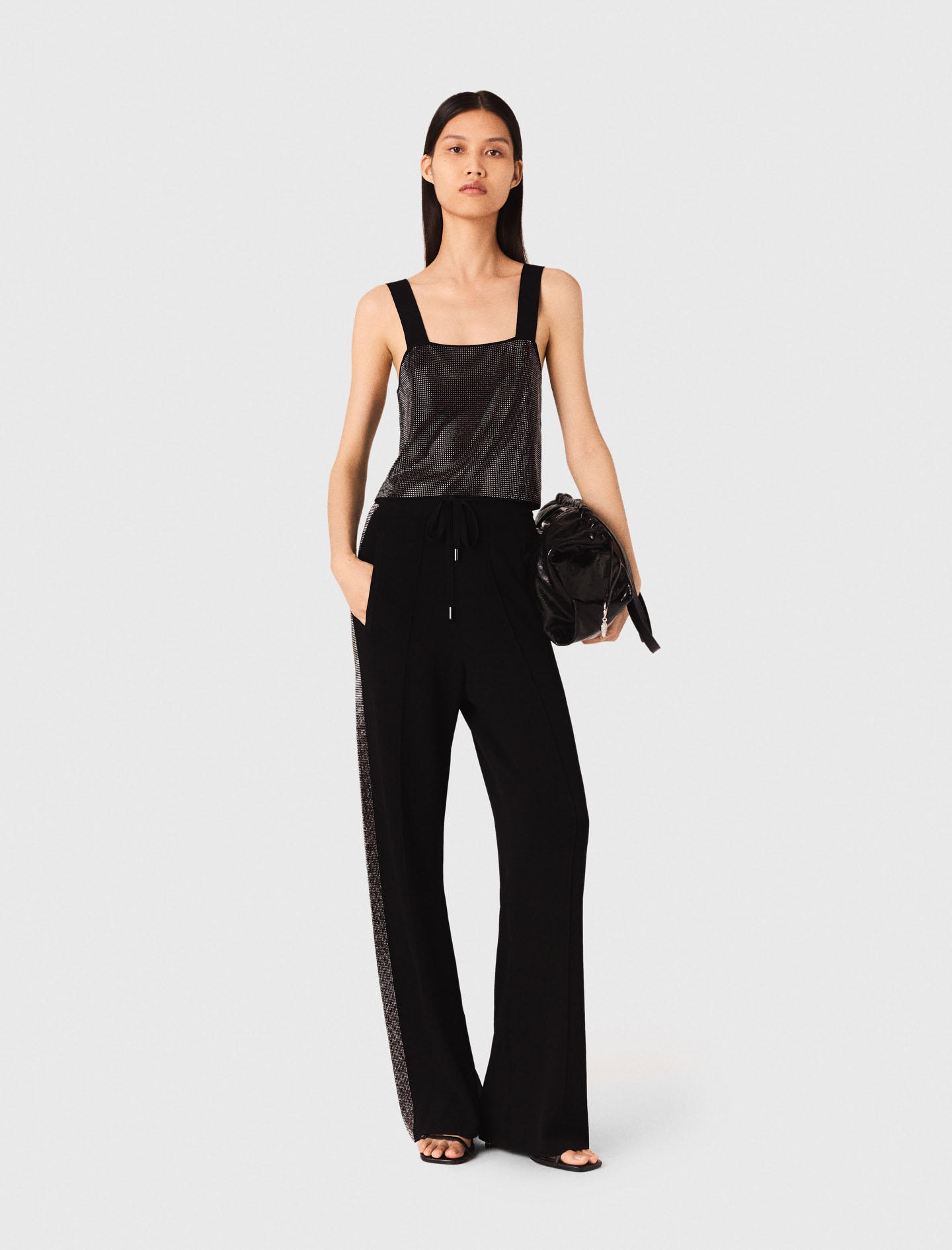 Strappy diamanté knit top - Black