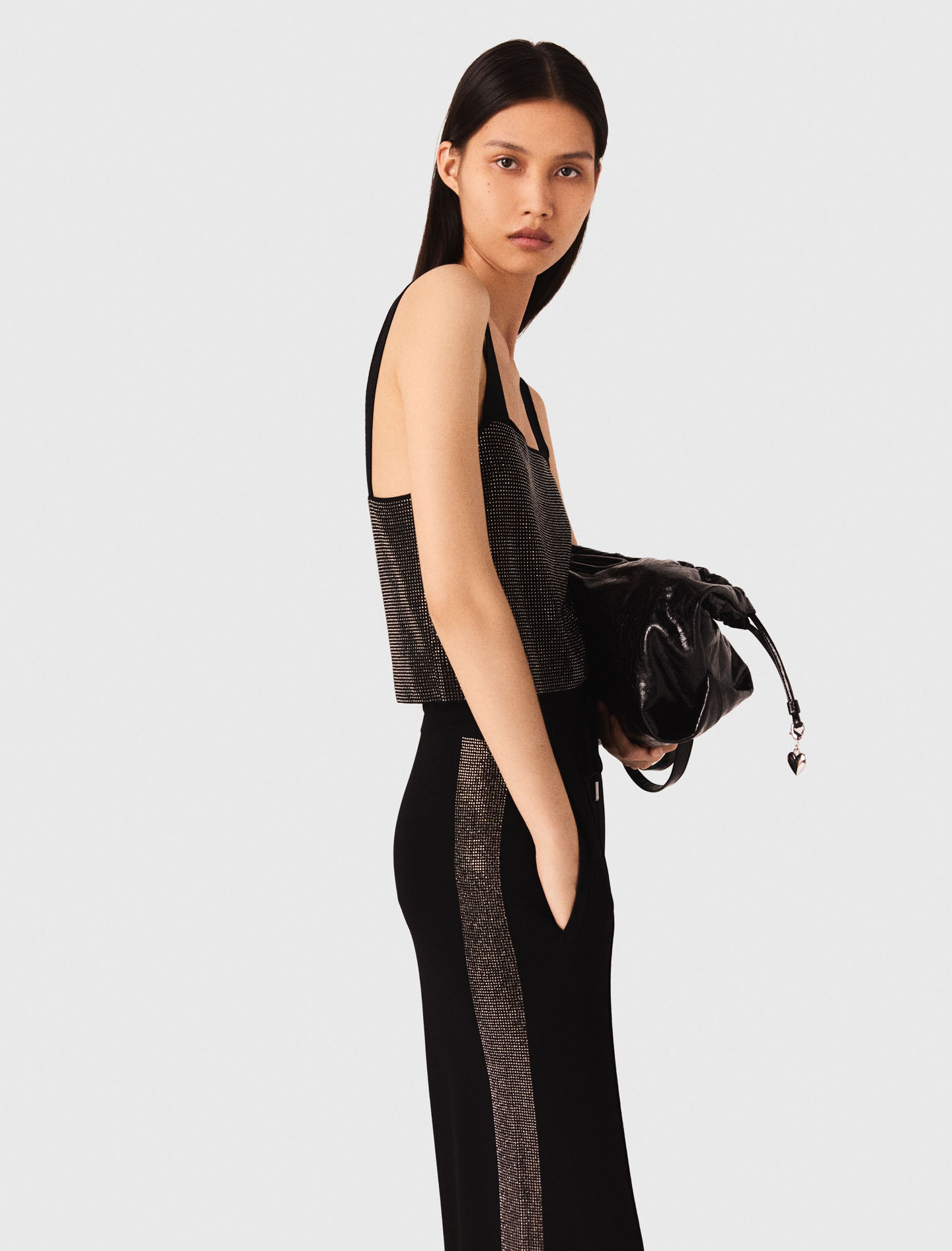 Strappy diamanté knit top - Black