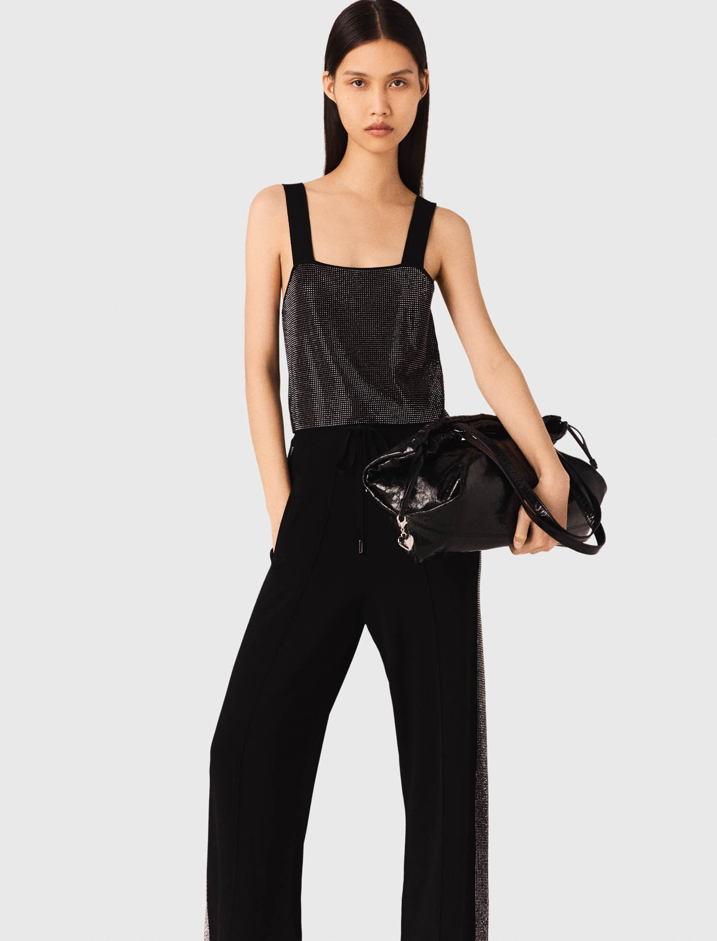 Strappy diamanté knit top - Black