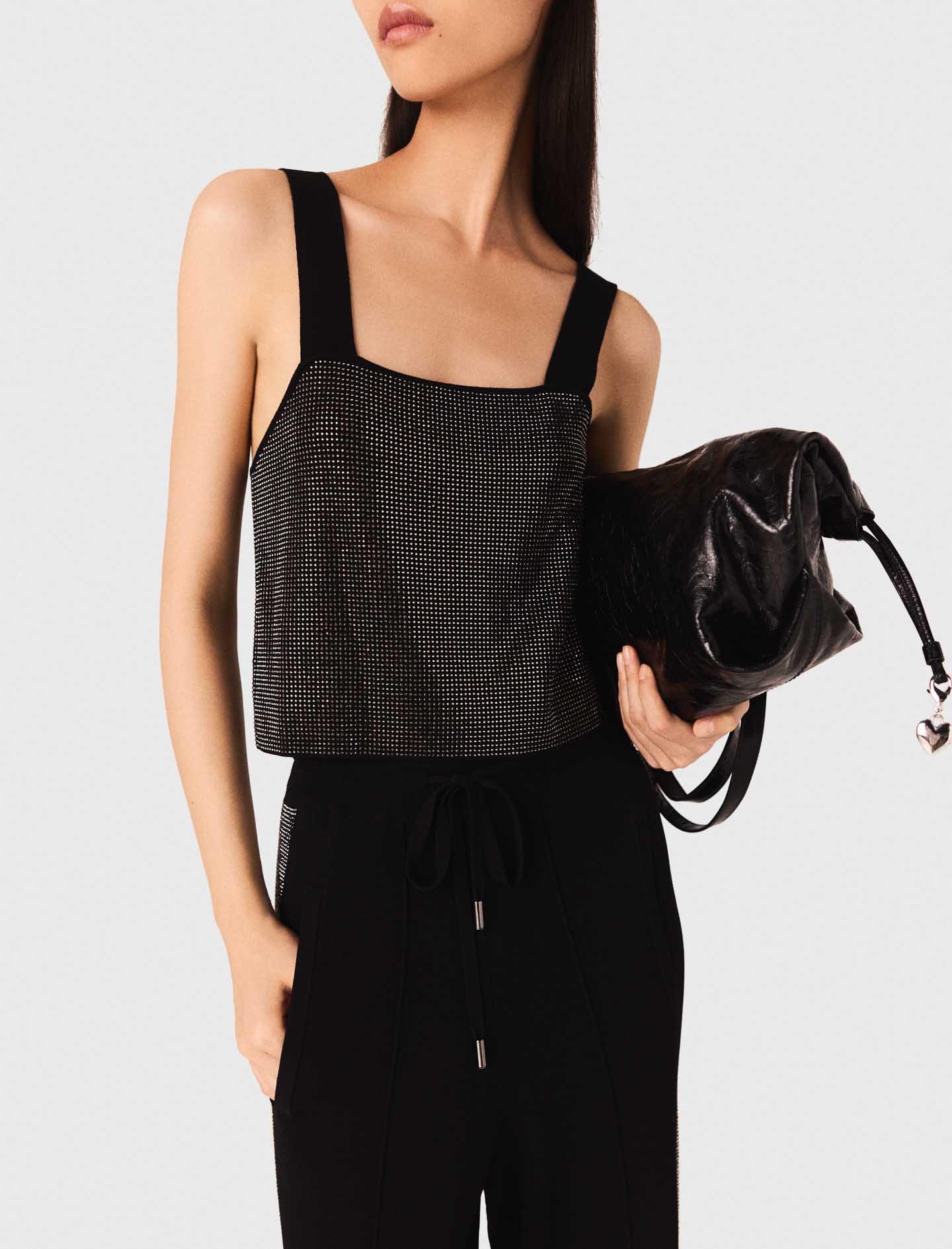 Strappy diamanté knit top - Black