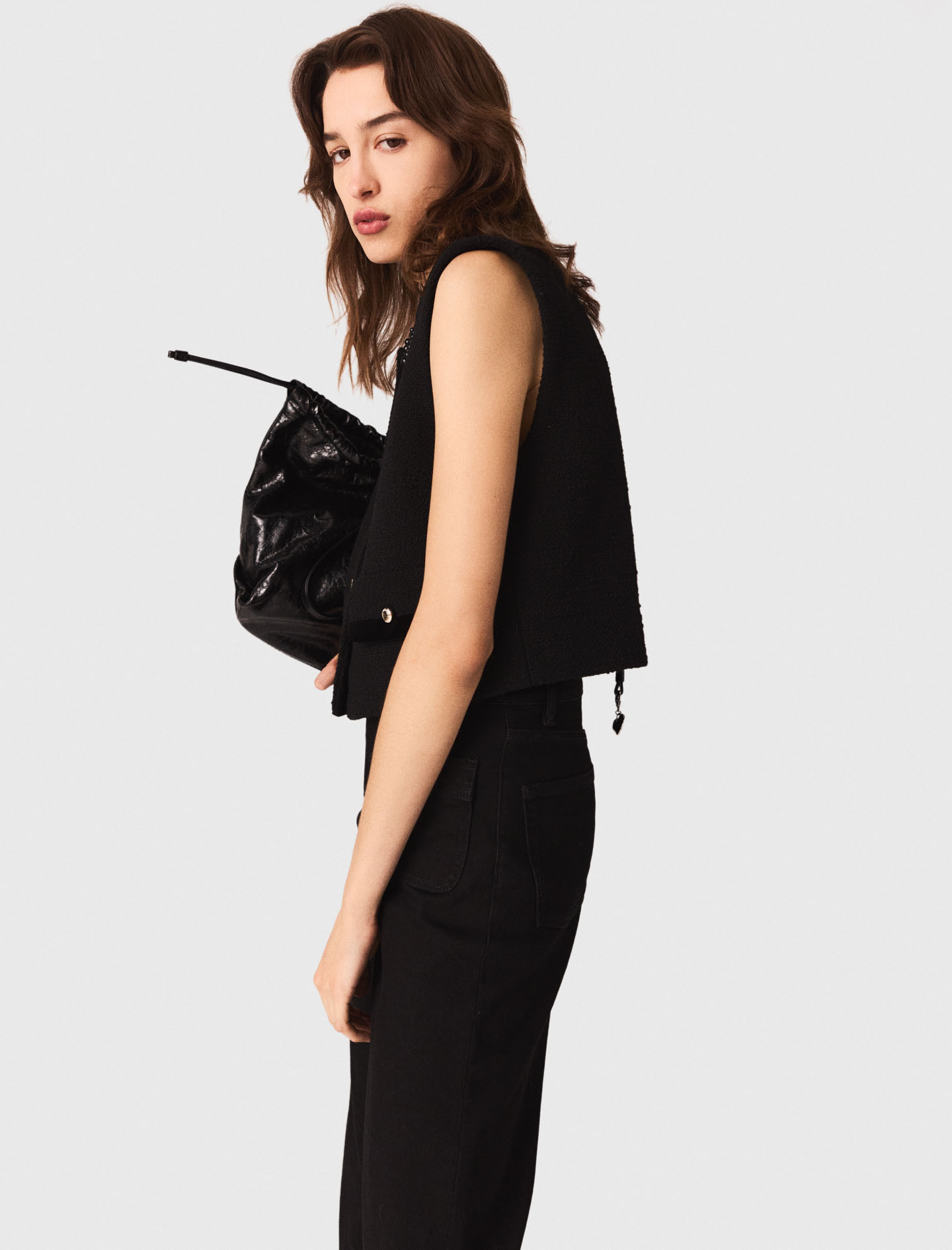 Tweed top with velvet trim - Black