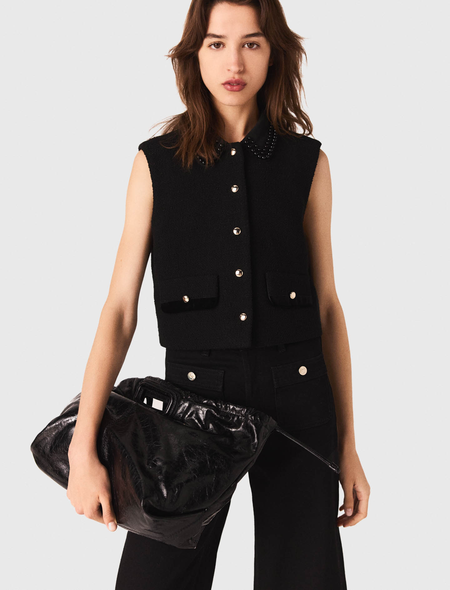 Tweed top with velvet trim - Black