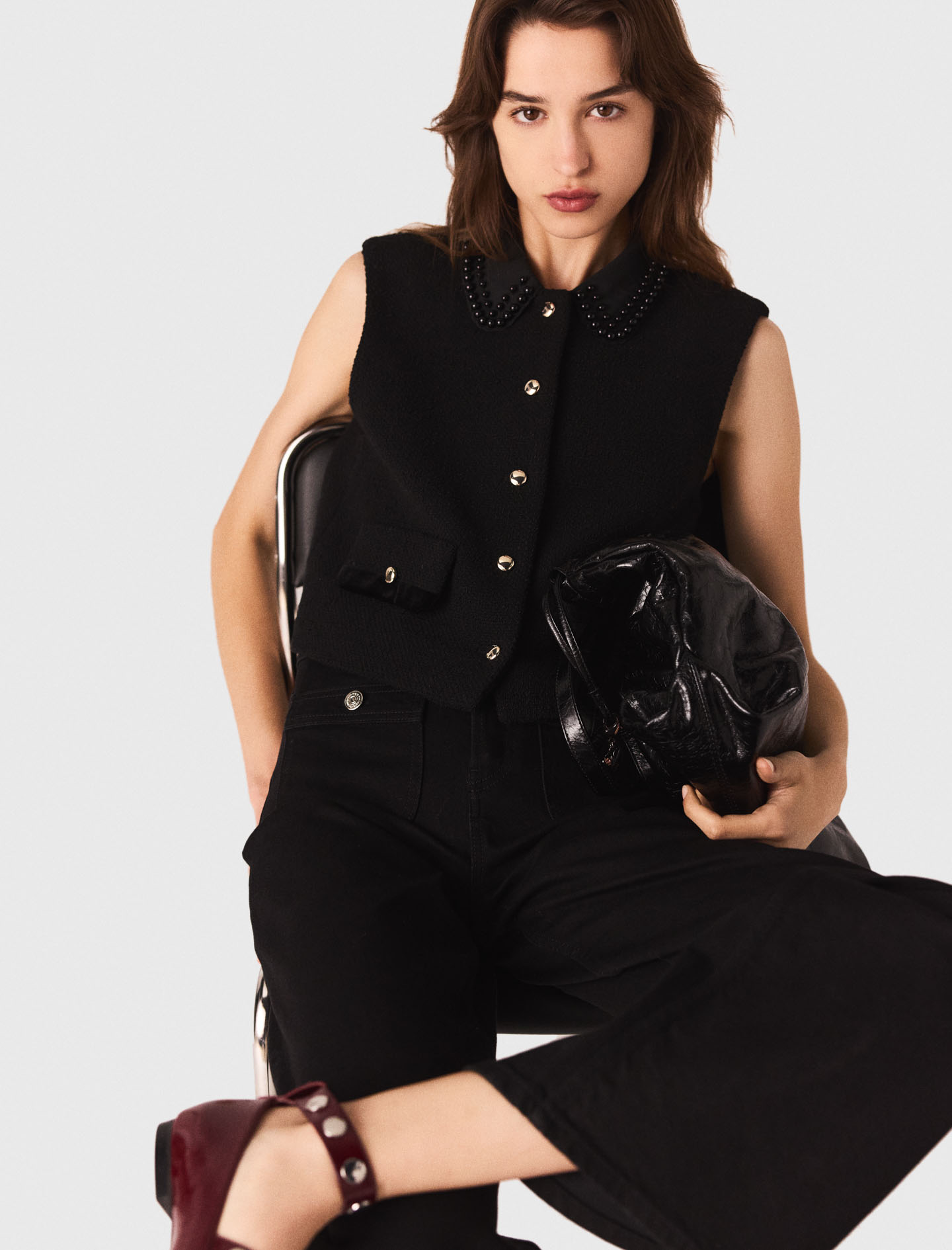 Tweed top with velvet trim - Black