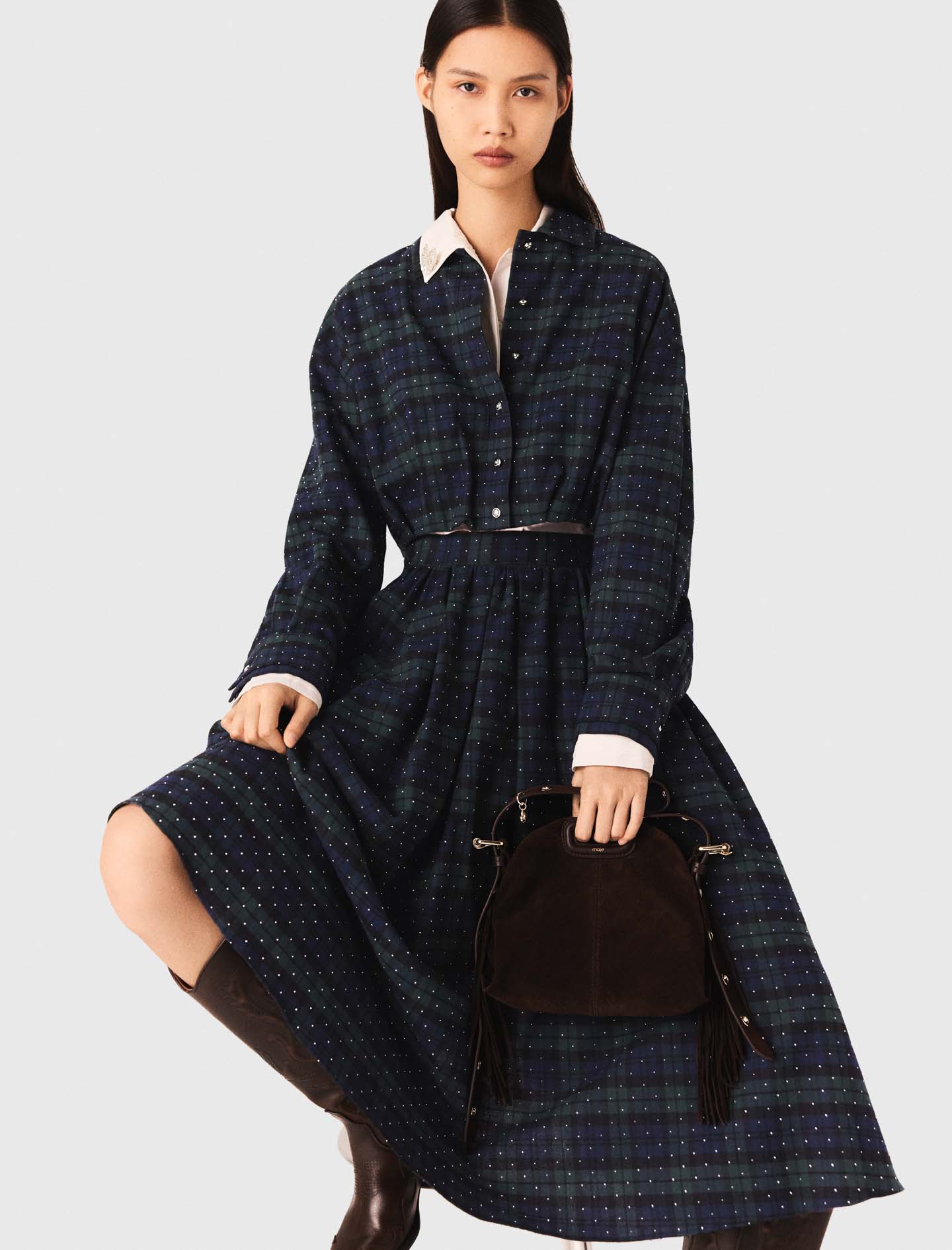 Checked rhinestone cropped shirt - Blue