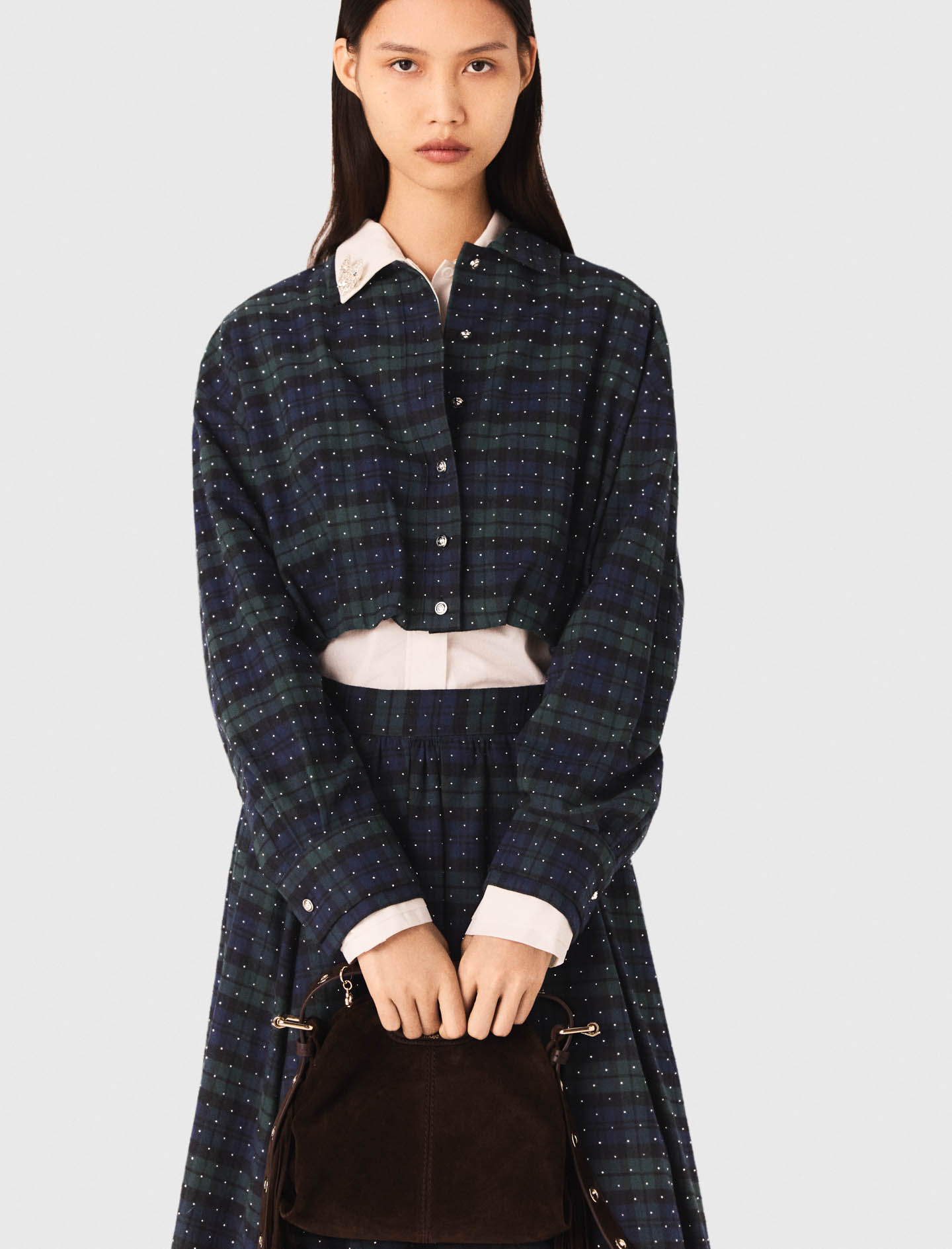 Checked rhinestone cropped shirt - Blue