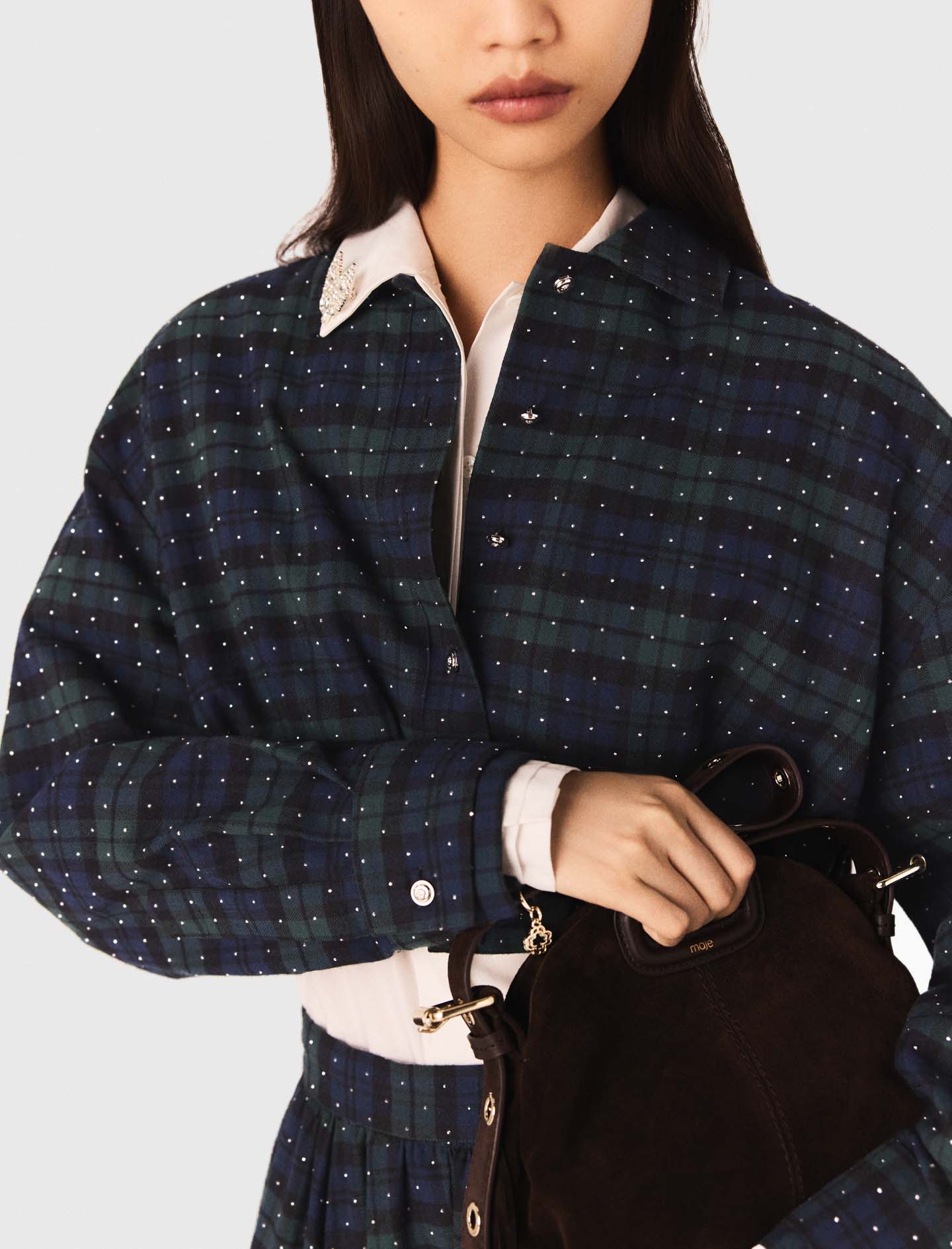 Checked rhinestone cropped shirt - Blue