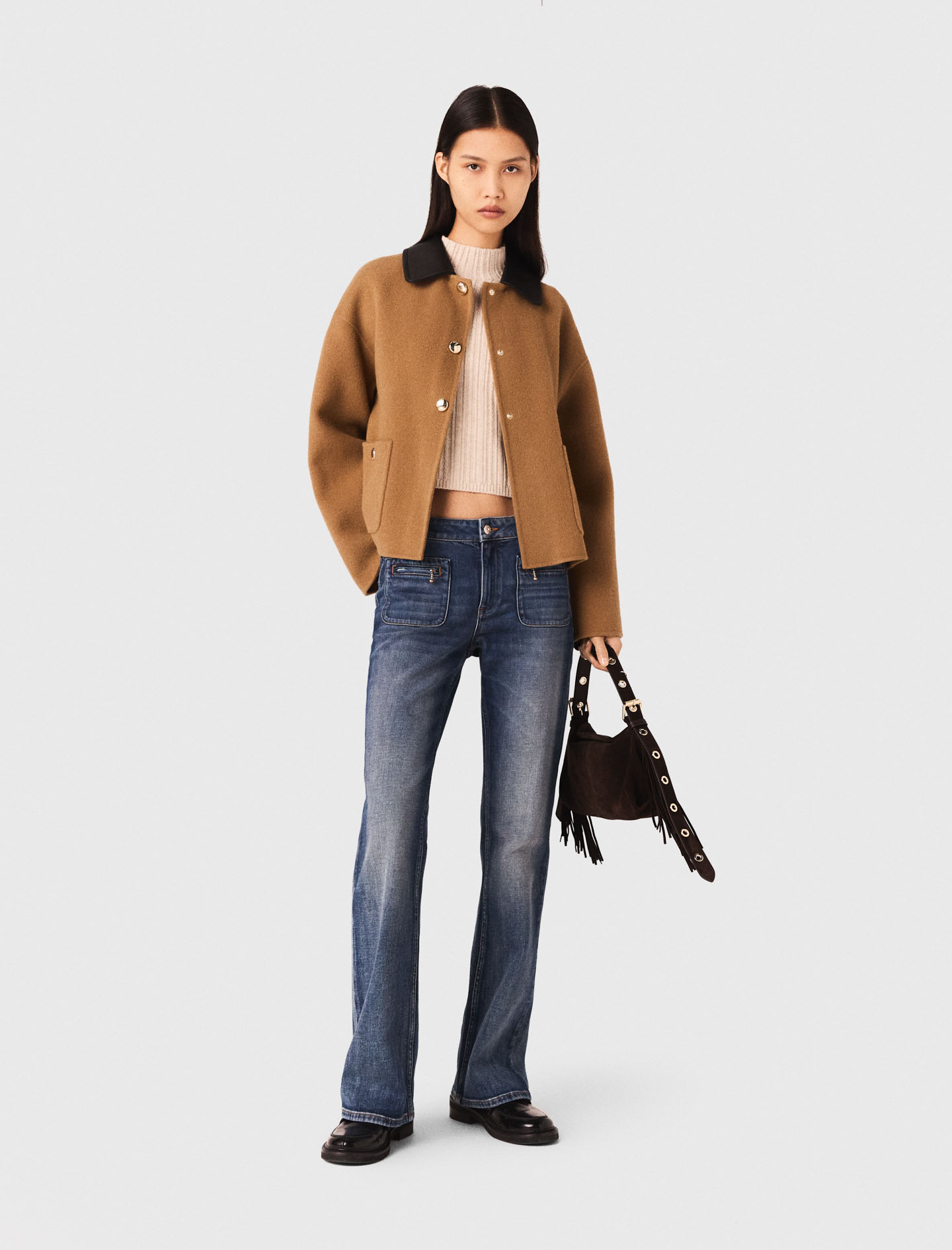 Double faced coat with leather - Camel