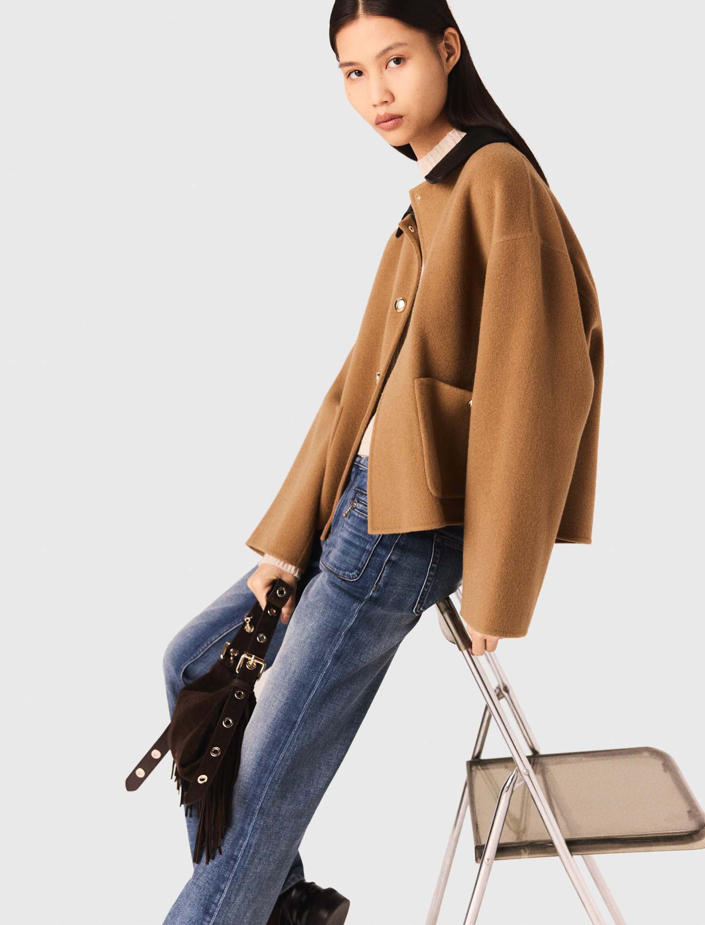 Double faced coat with leather - Camel