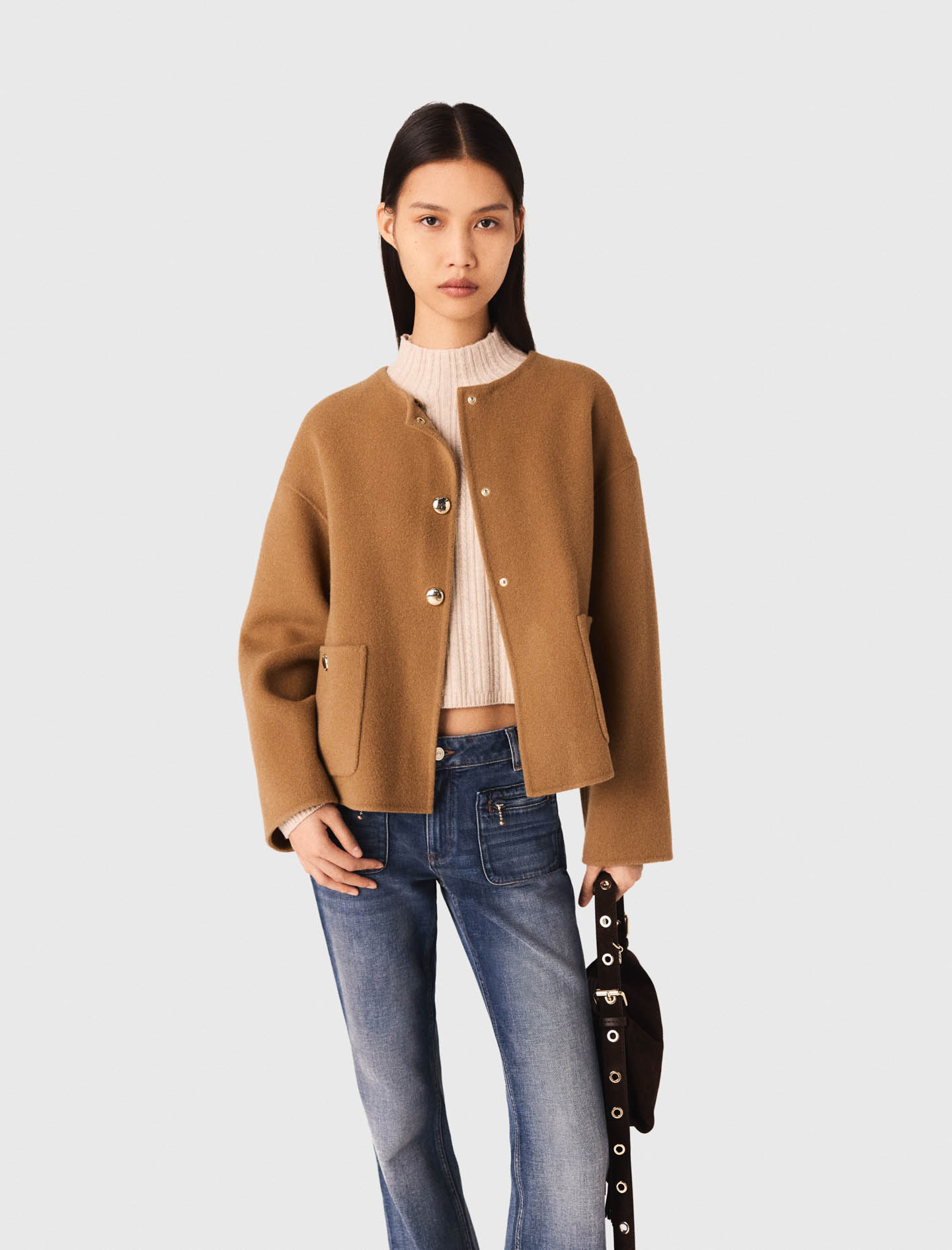 Double faced coat with leather Camel | Maje