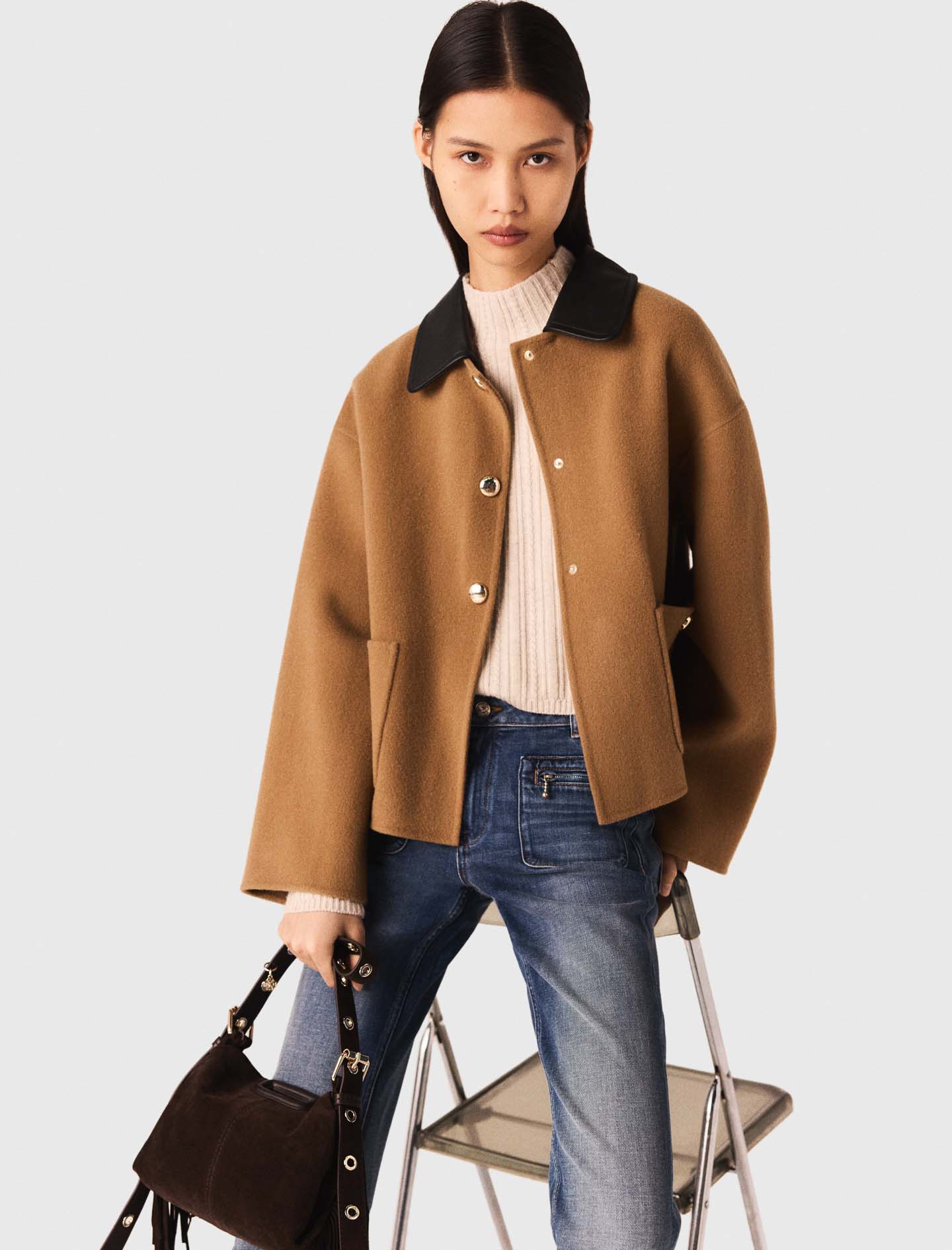 Double faced coat with leather - Camel