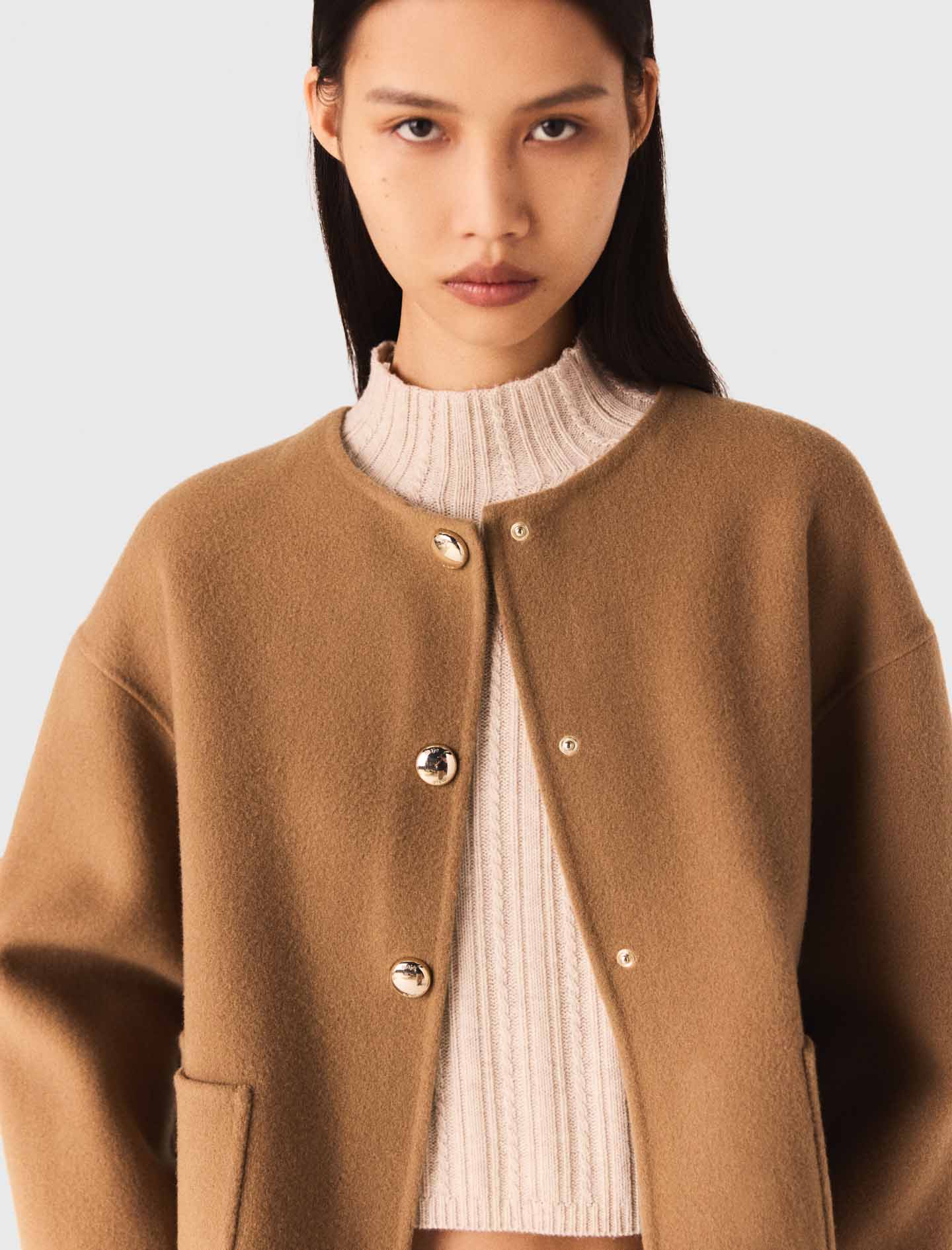 Double faced coat with leather - Camel