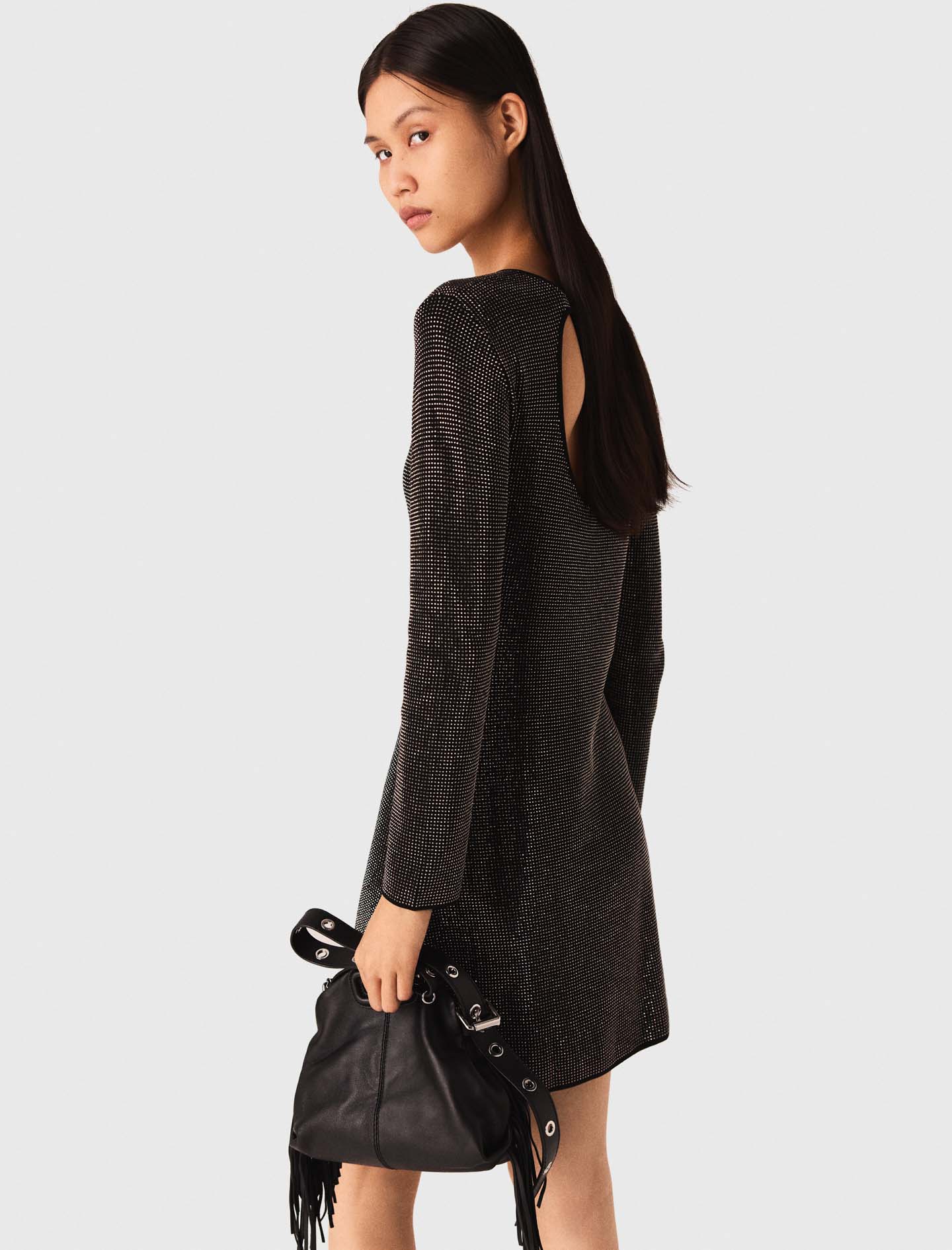 Short rhinestone knit dress - Black