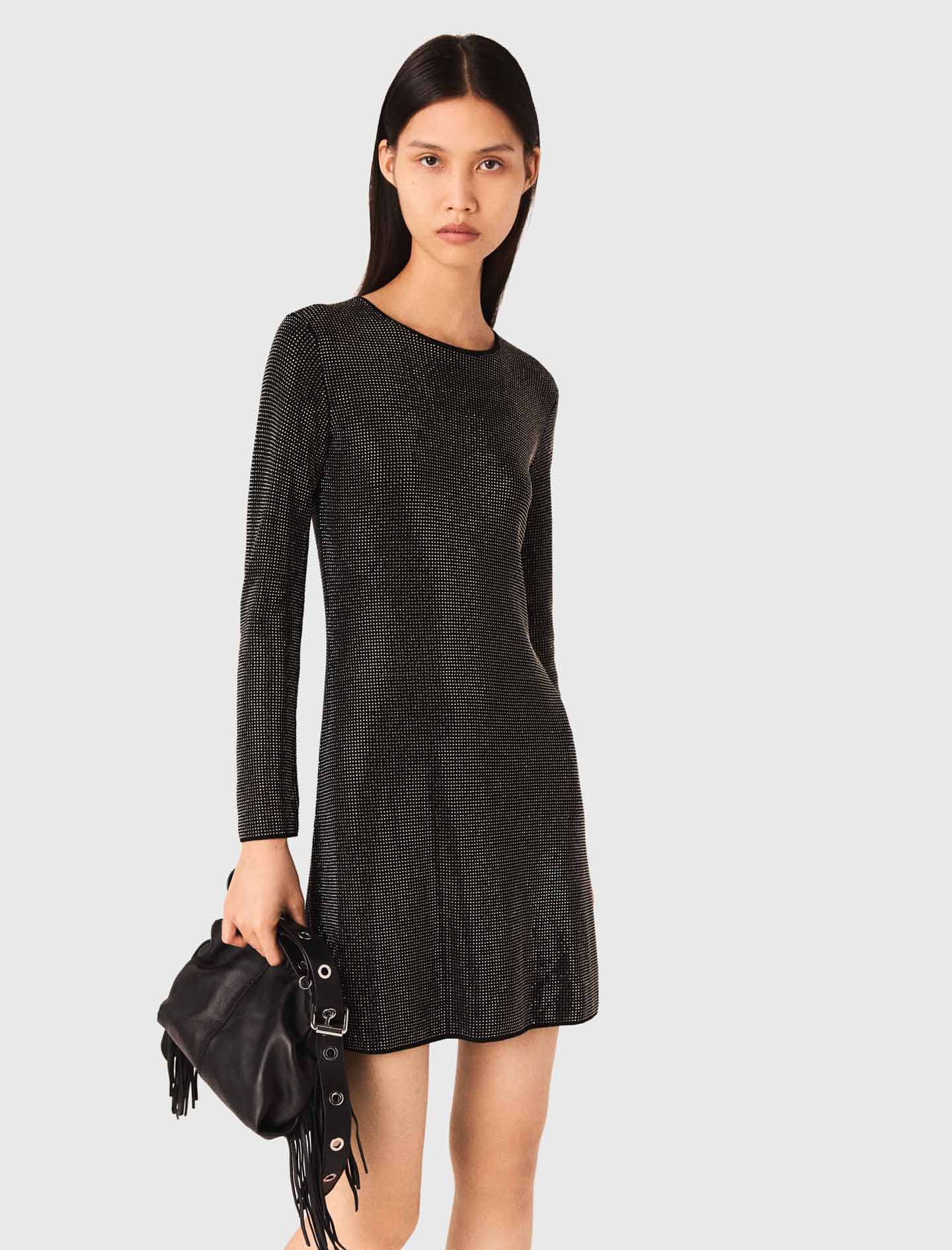 Short rhinestone knit dress - Black