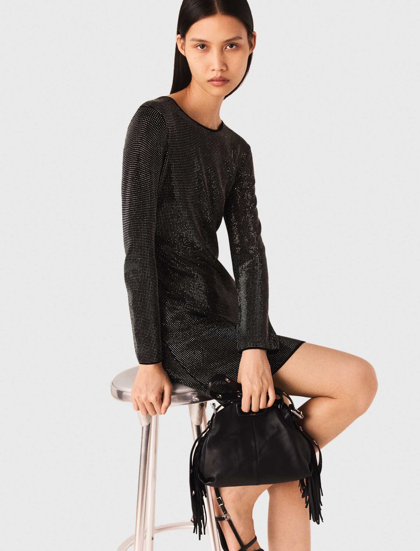 Short rhinestone knit dress - Black