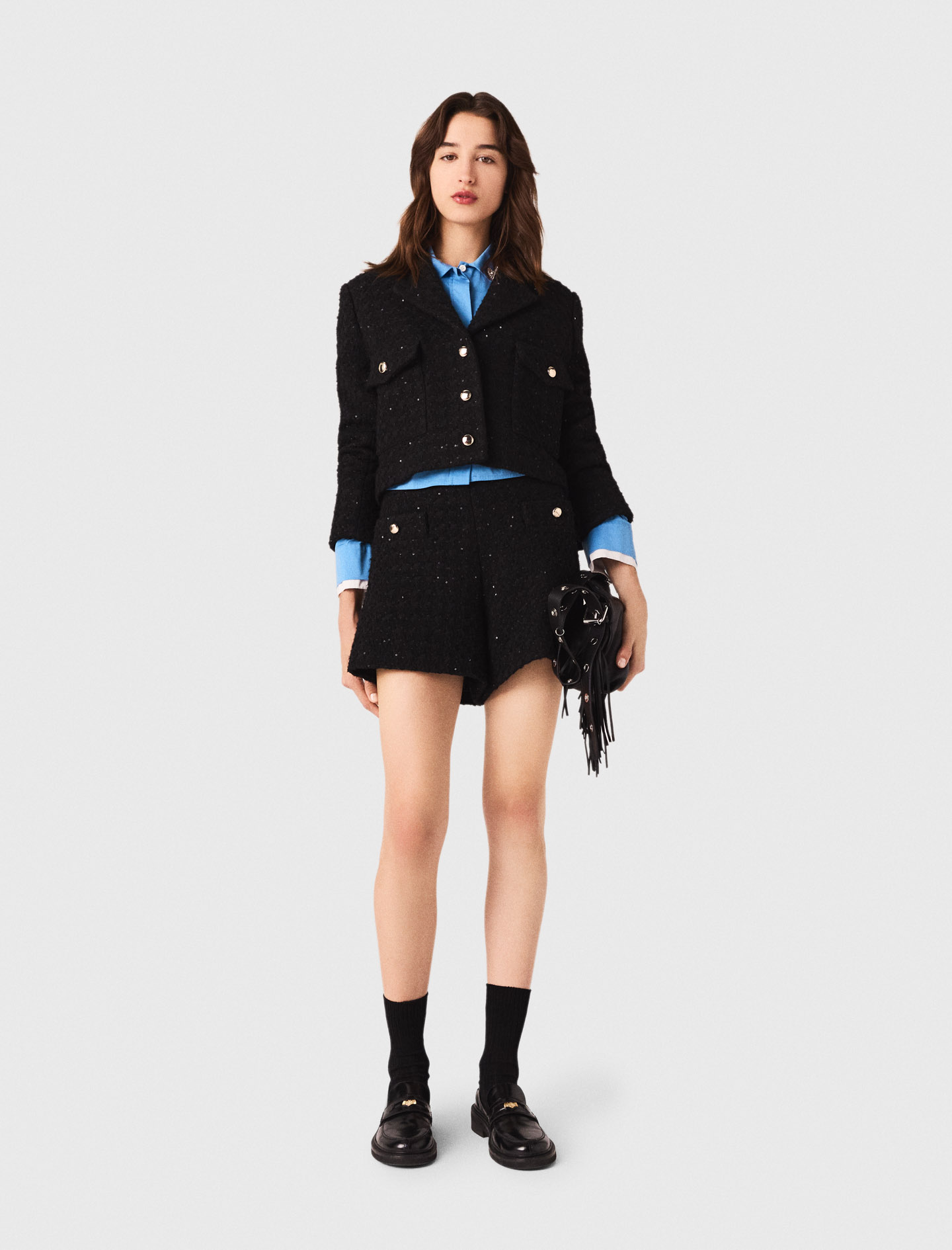 Short rhinestone tweed jacket - Black