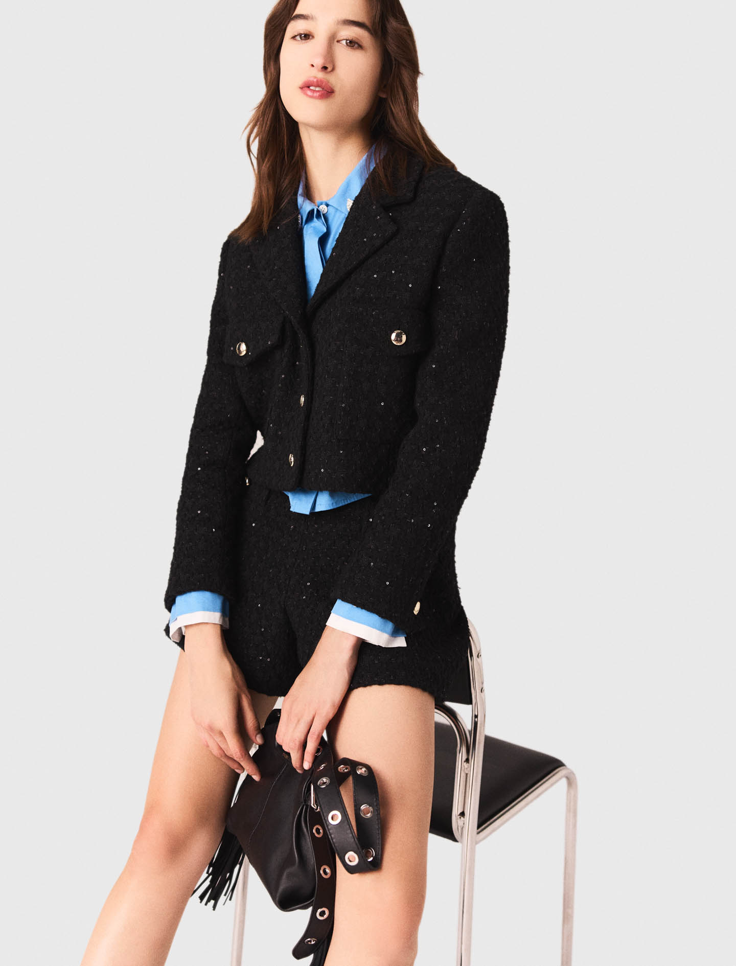 Short rhinestone tweed jacket - Black