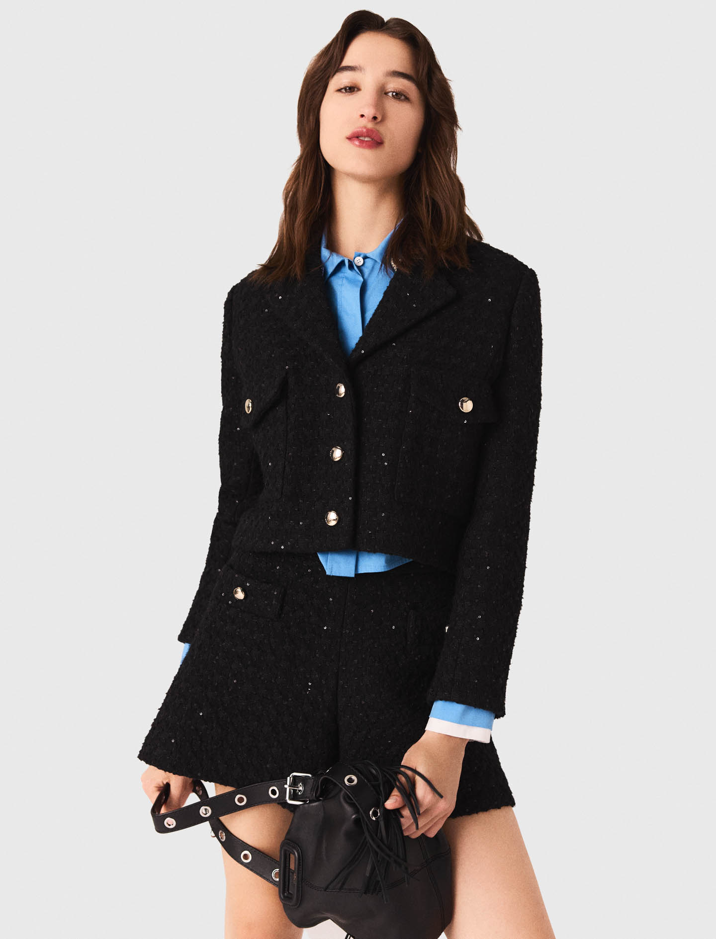 Short rhinestone tweed jacket - Black