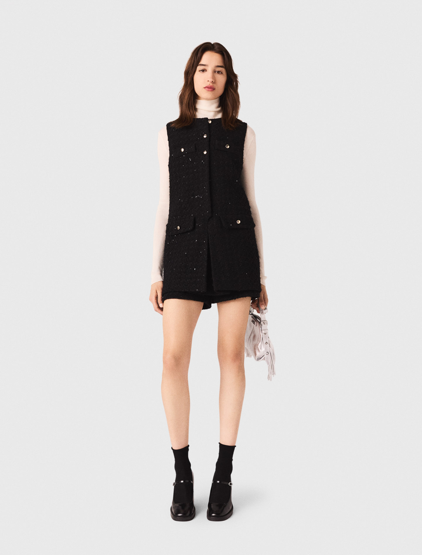 Tweed playsuit with rhinestones - Black