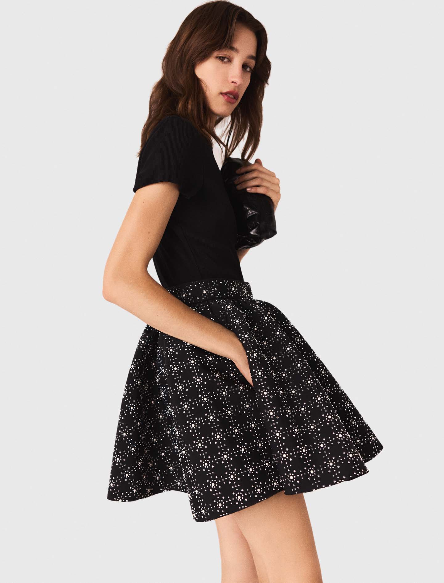 Pearl and rhinestone skater skirt - Black