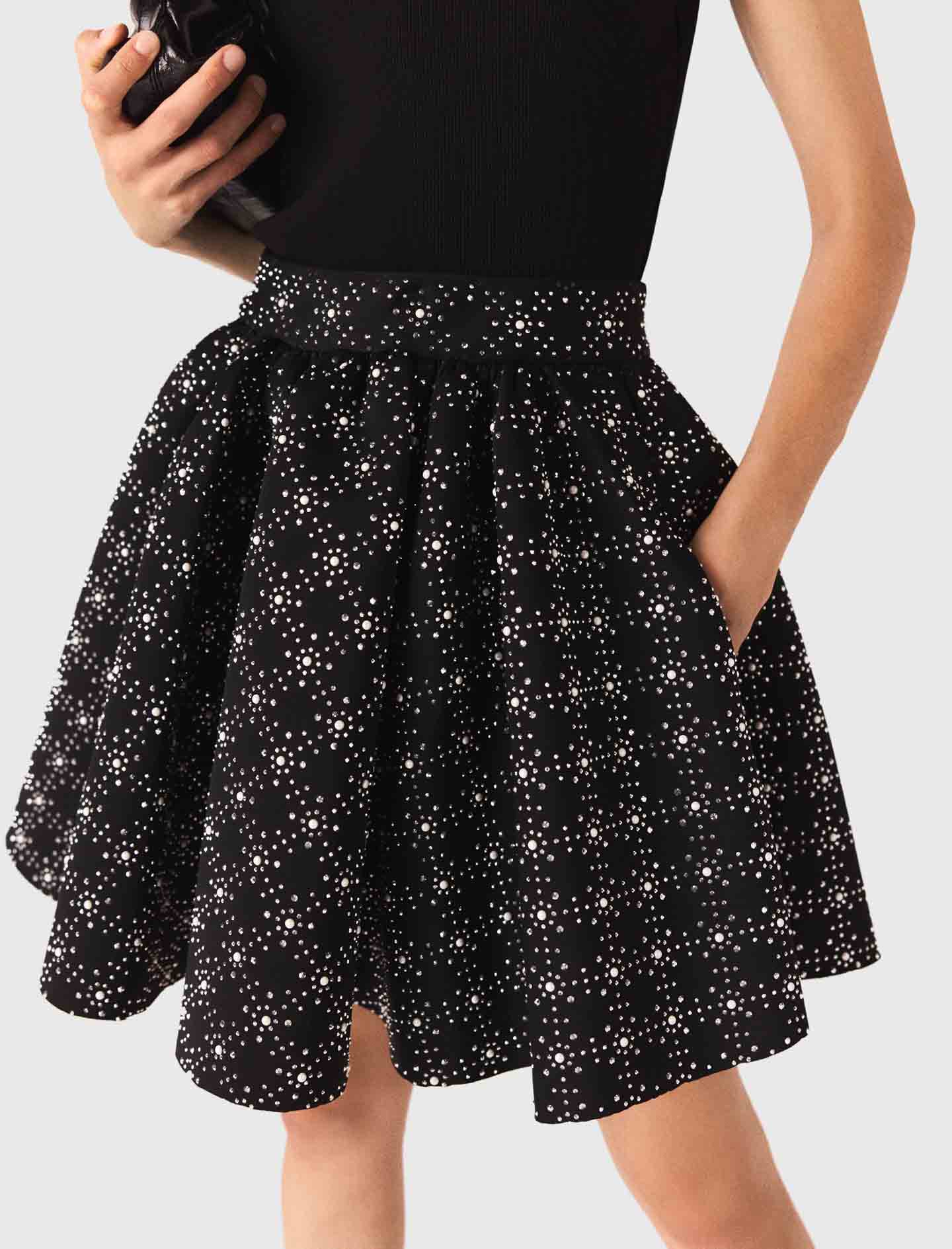 Pearl and rhinestone skater skirt - Black