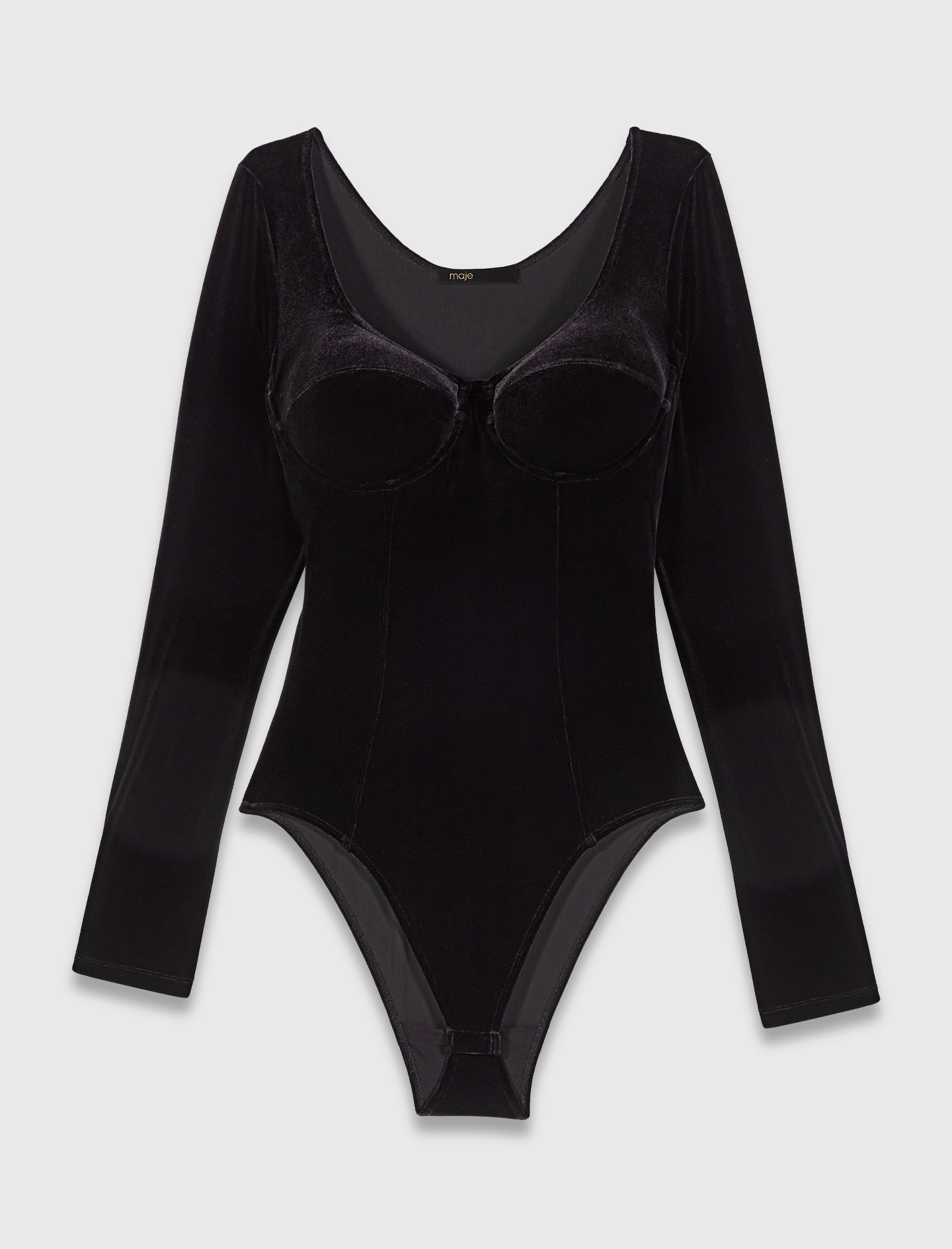 Velvet and corset detail bodysuit - Black