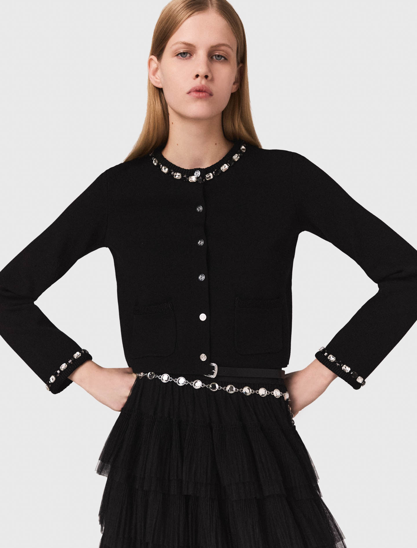 Cropped jewellery detail cardigan - Black Cropped jewellery detail cardigan - Black