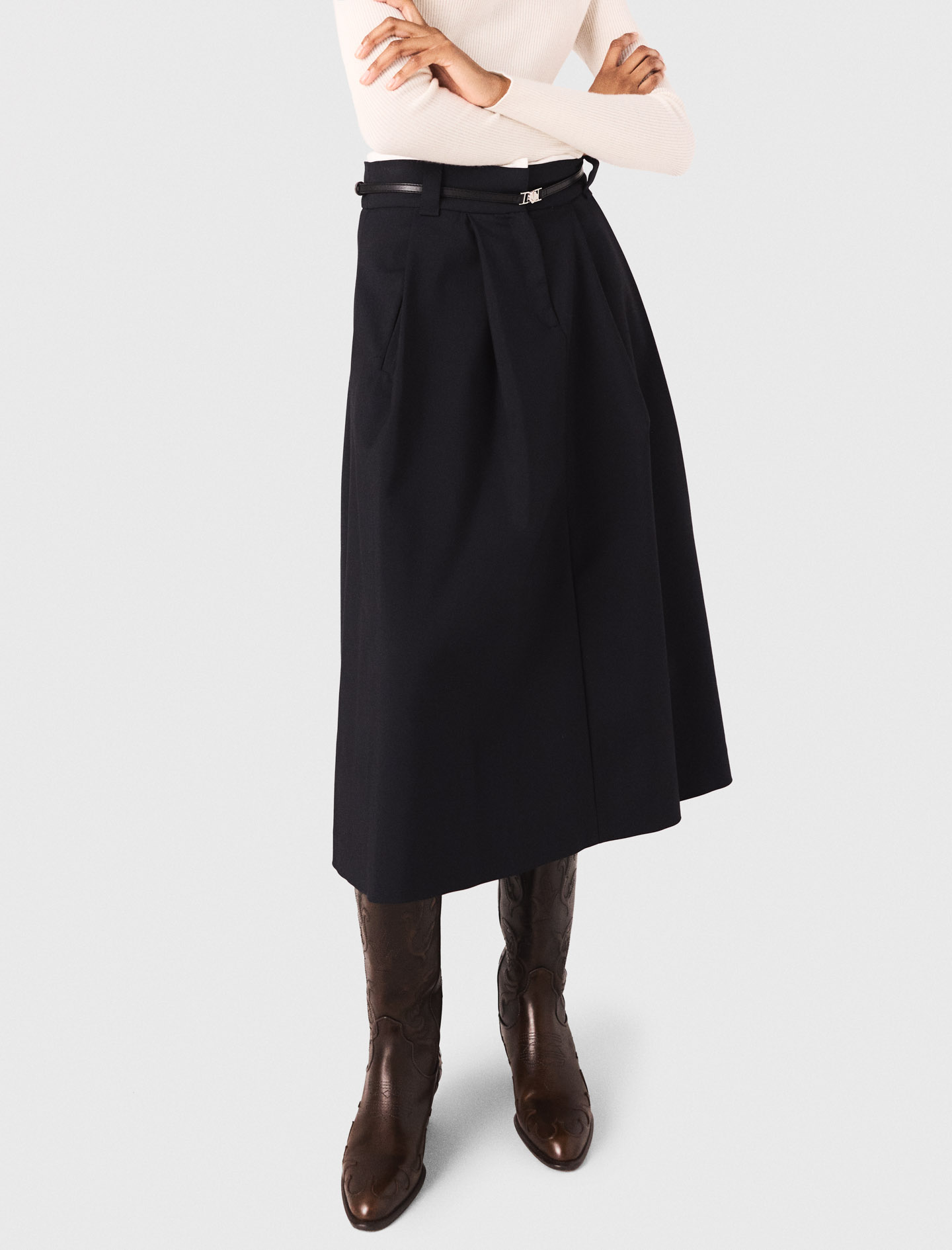 Long cotton skirt with belt - Navy Long cotton skirt with belt - Navy