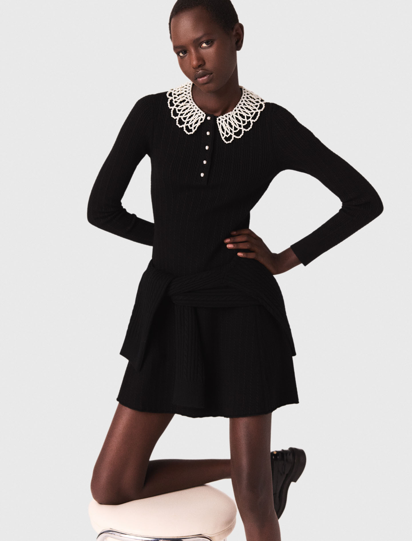 Short beaded collar knit dress - Black Short beaded collar knit dress - Black