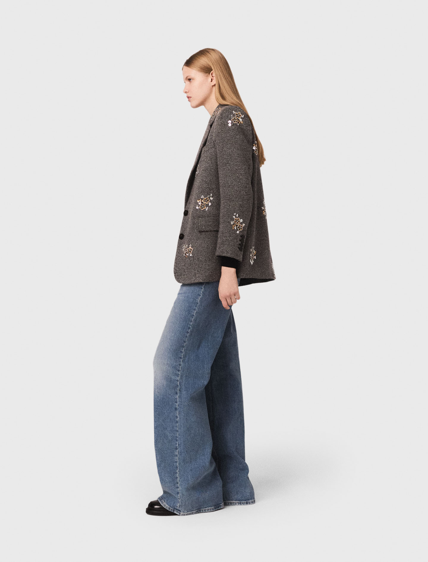 Flower embroidered wool jacket - Grey