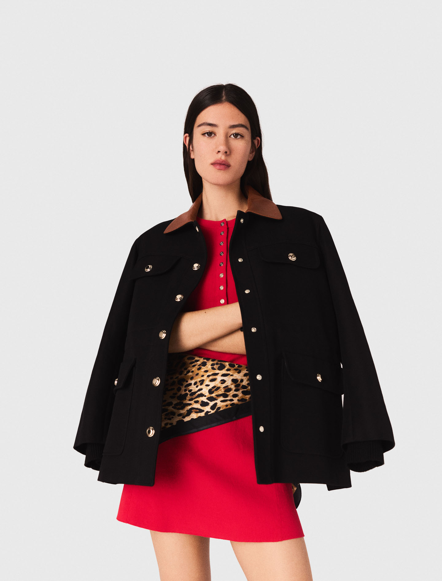 Parka with leather collar - Black