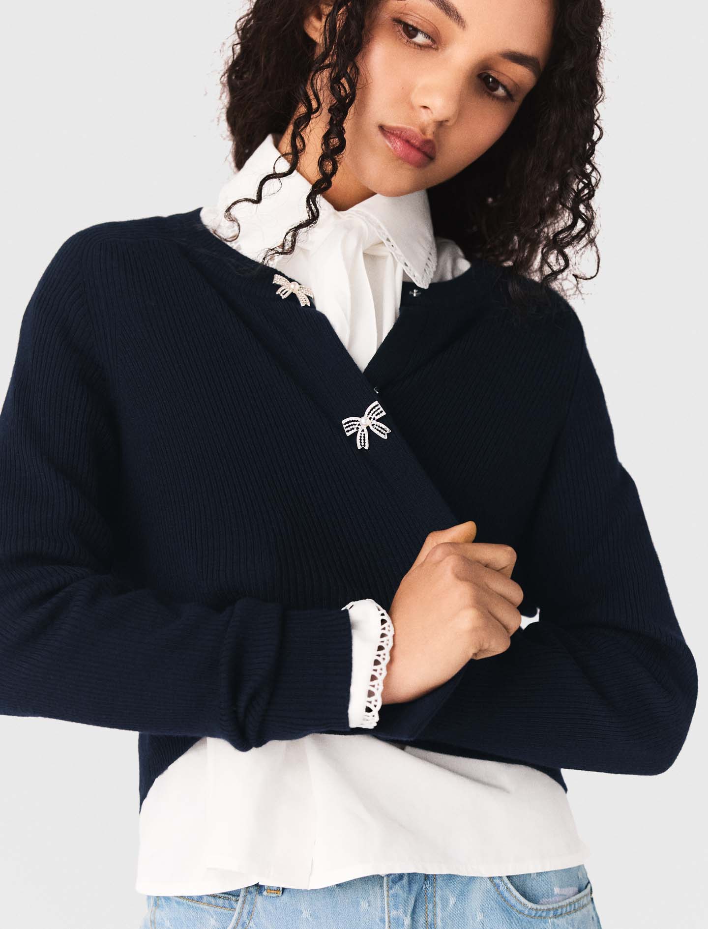 Bow jewellery button cardigan - Navy