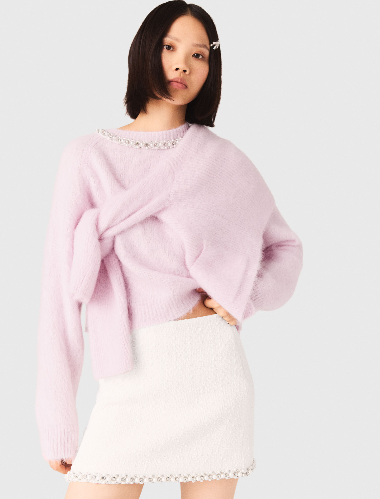 Pearl trim tweed skirt - Ecru