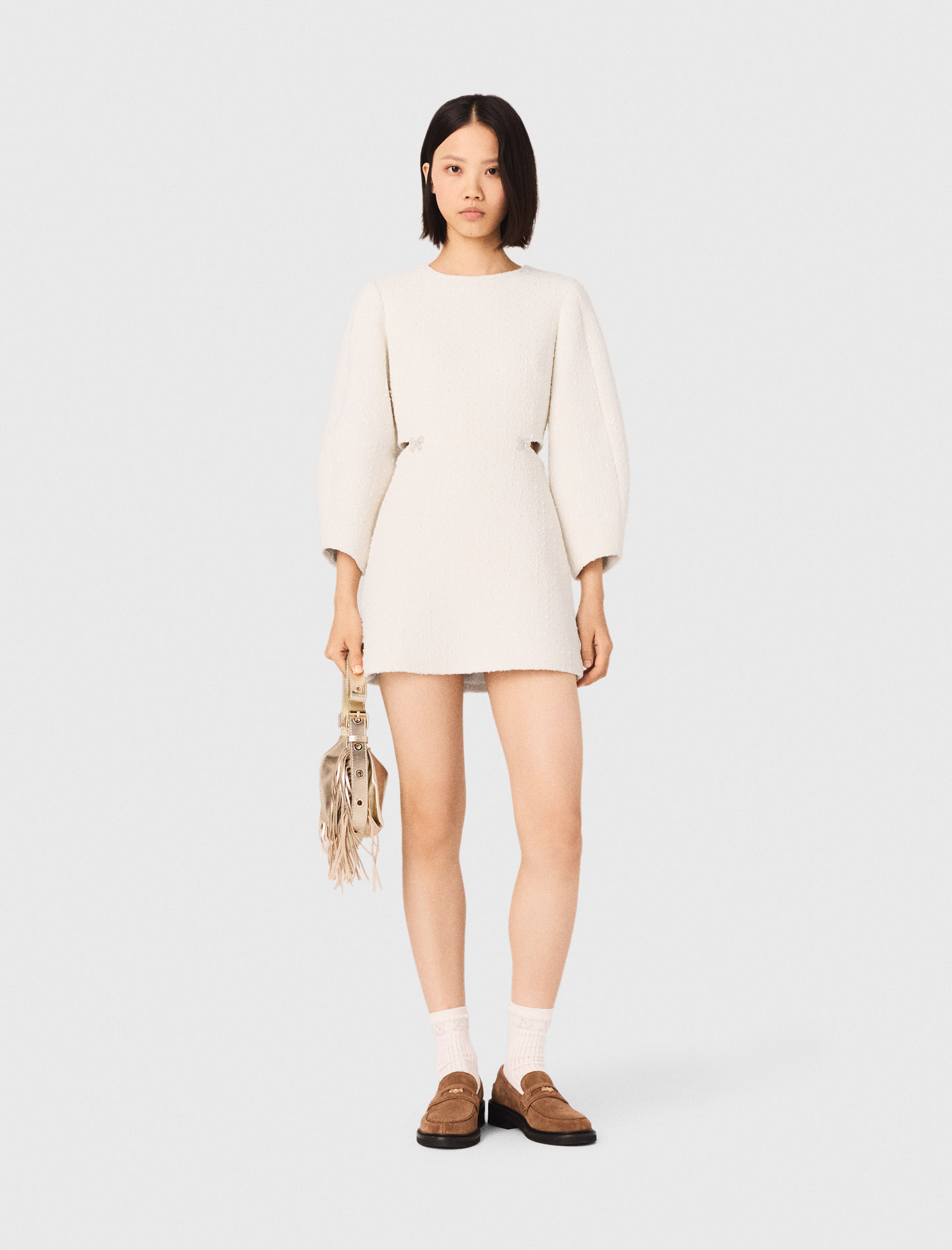 Short balloon sleeve tweed dress - Ecru
