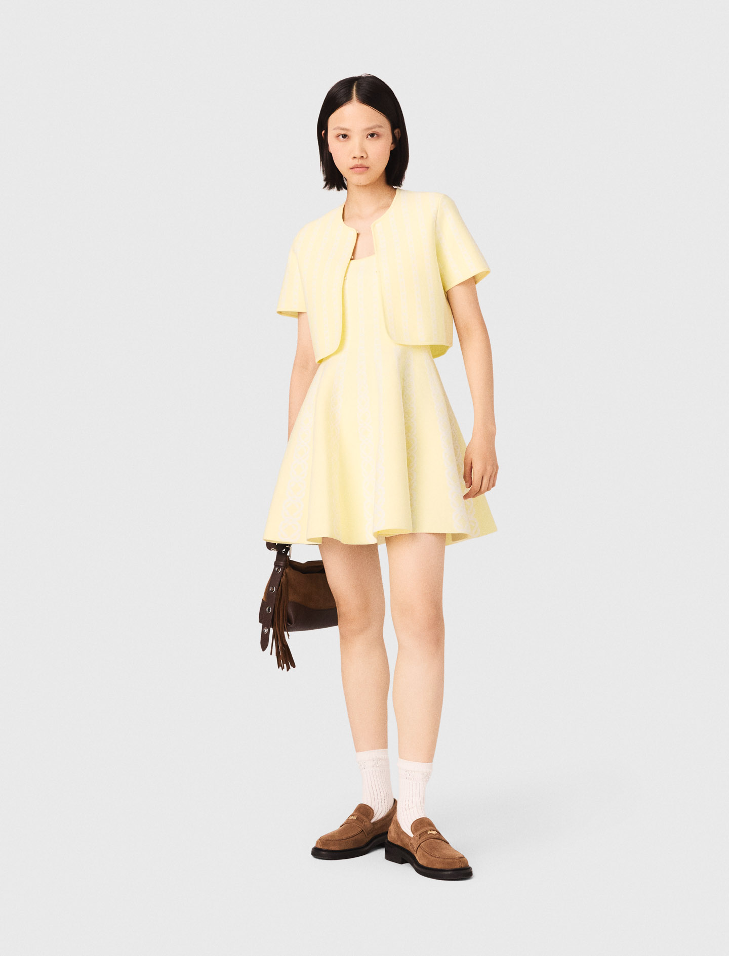 Cropped fancy knit cardigan - Yellow