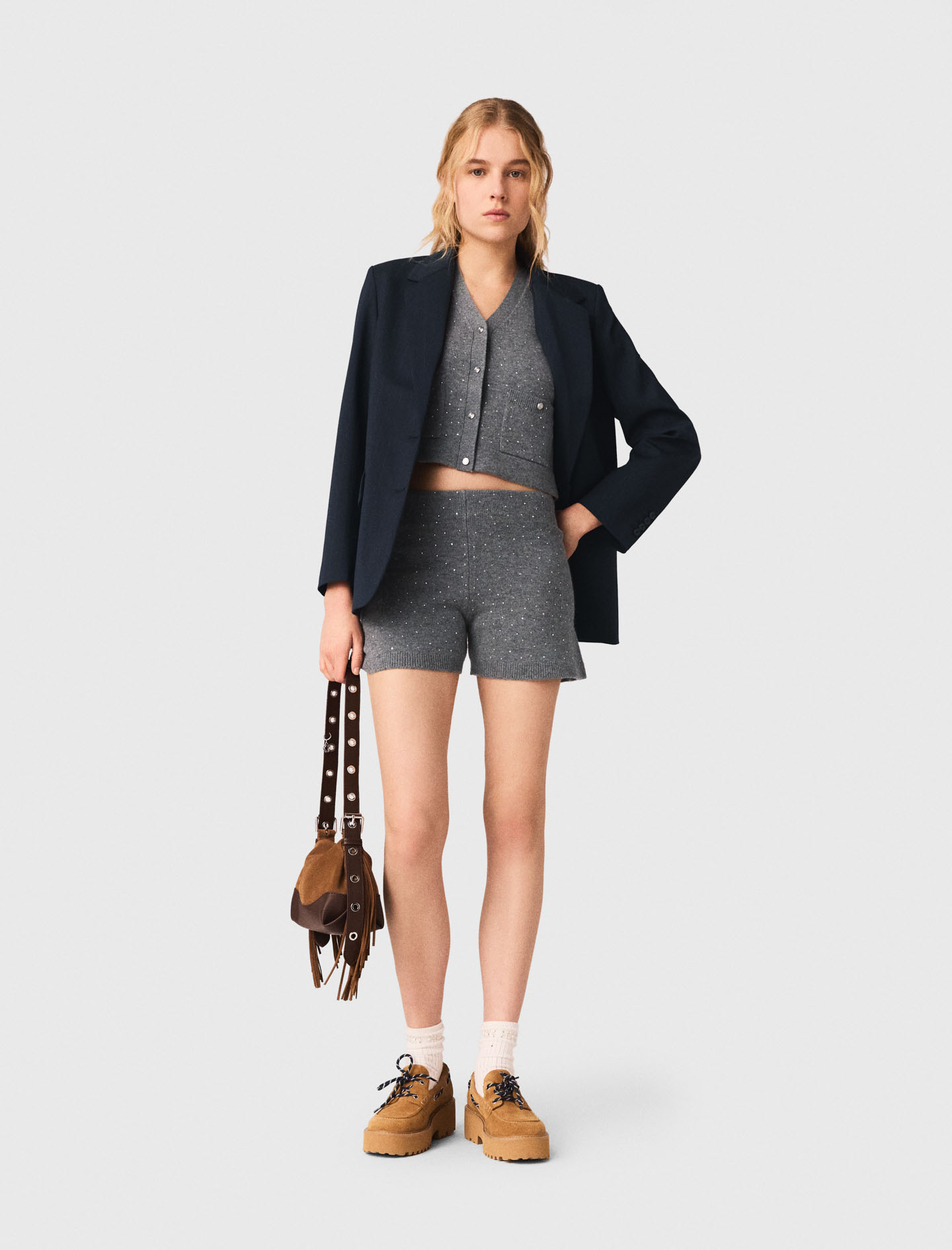 Knit shorts with rhinestones - Grey