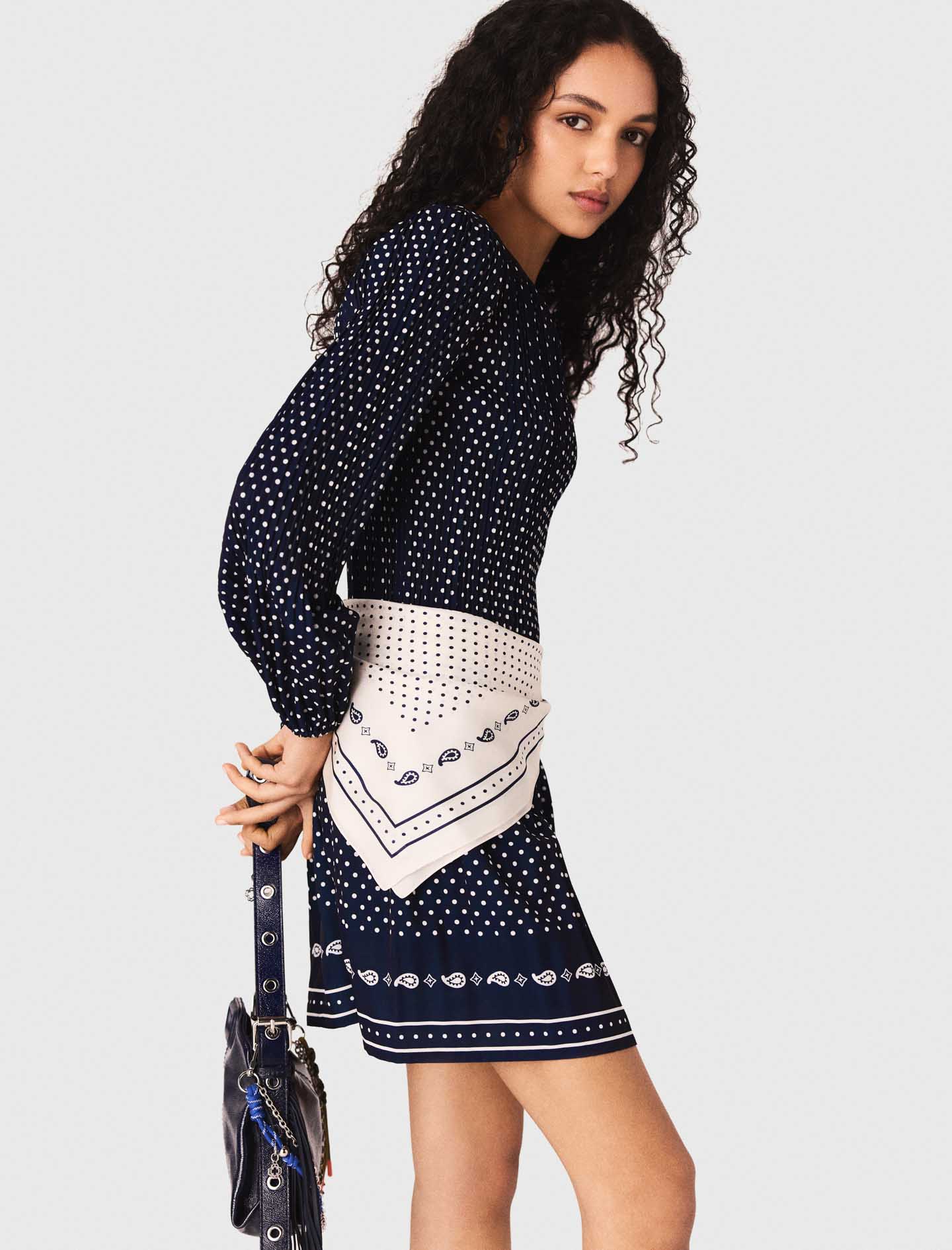 Patterned pleated dress - Navy