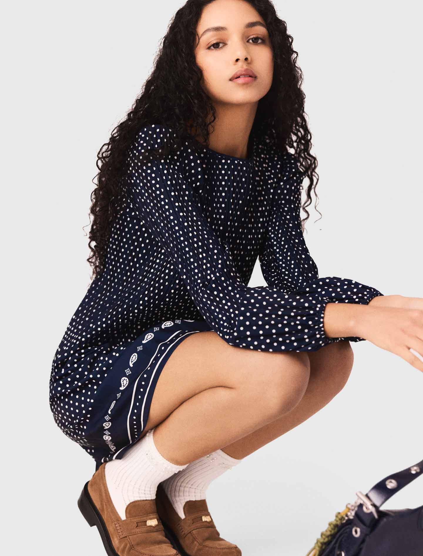 Patterned pleated dress - Navy